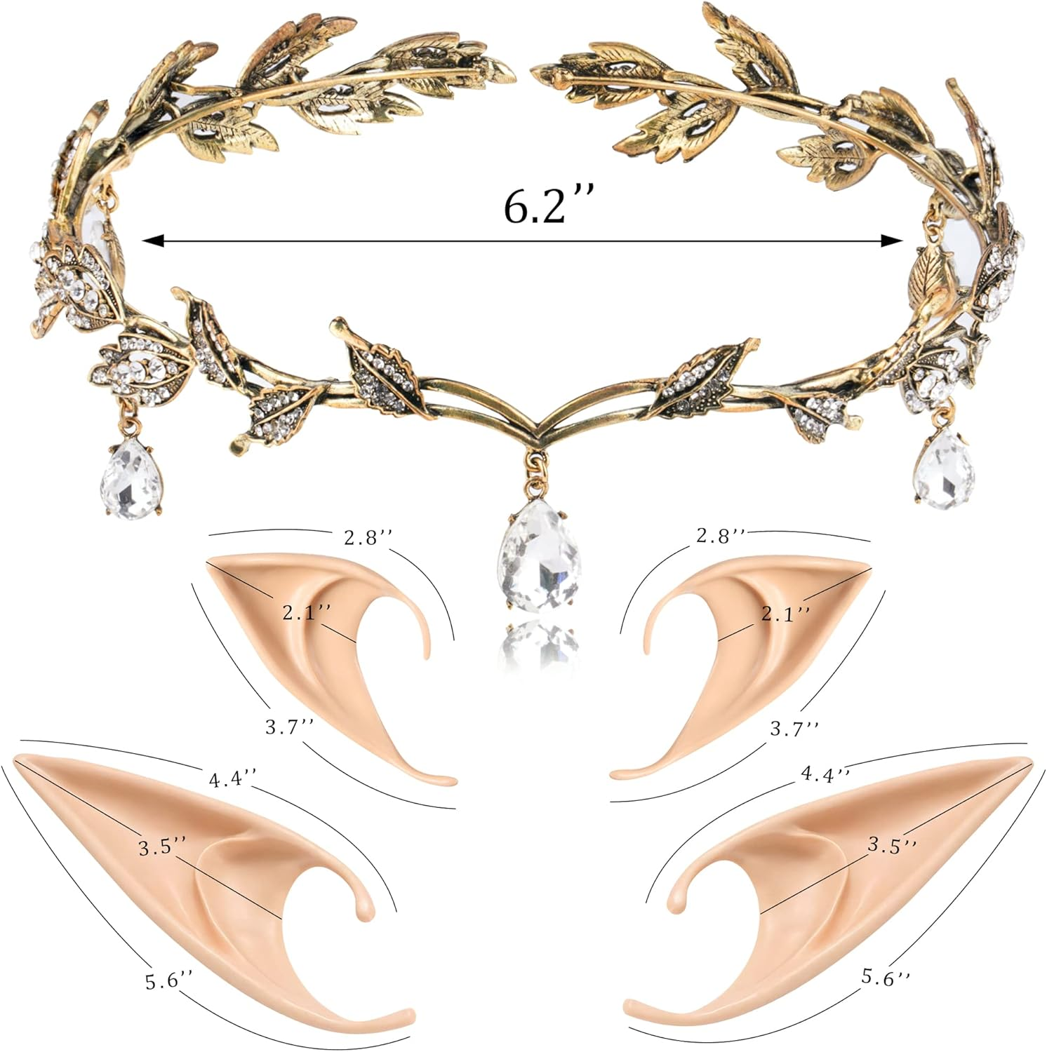 FRESHME Elf Ears with Fairy Crown Set Pixie Headpiece with 2 Pairs Fairy Ears Kit - Crystal Crown - Gold Set image number 7
