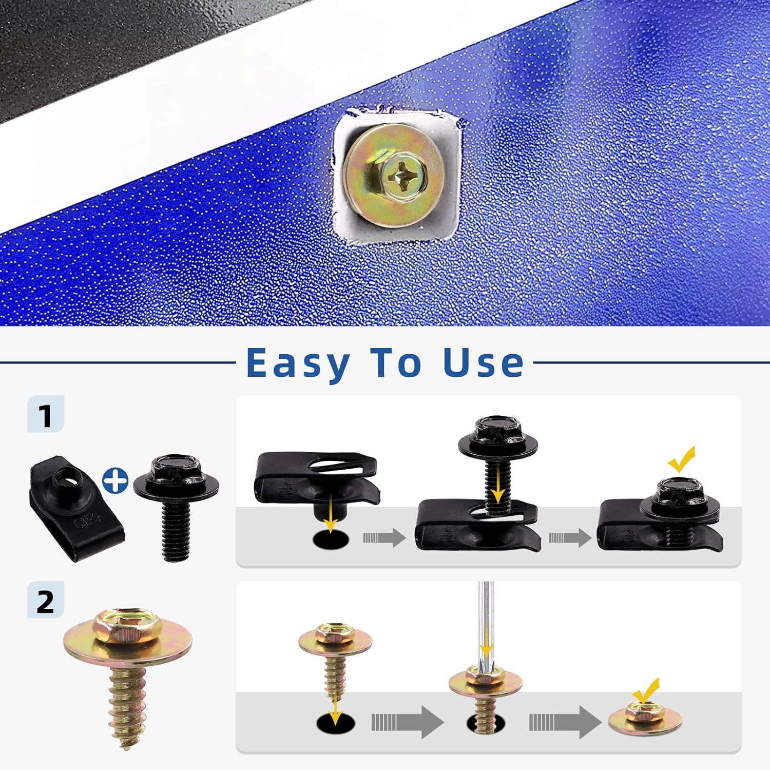 Glarks 64Pcs U-Clips and Body Bolts Screws Assortment Kit 8 Sizes Auto Car Clips Fasteners with Screws Auto Car U Nuts with Self Tapping Screw Body Bolts Screw for Bumper Fender Trim Panels image number 5