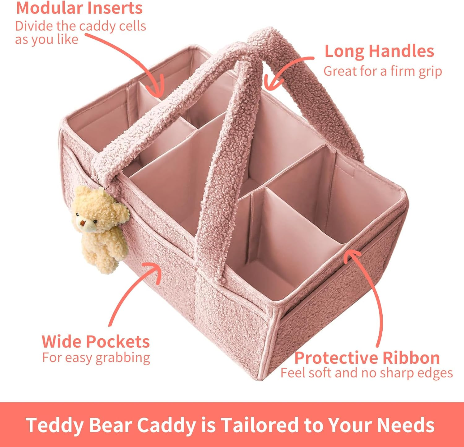 Baby Diaper Caddy Organizer, Nappy Caddy Storage Basket for Diapers and Baby Wipes, Portable Diaper Storage Bag, with Bear Decorations, Perfect Present for New Mom, Nursery (Pink)