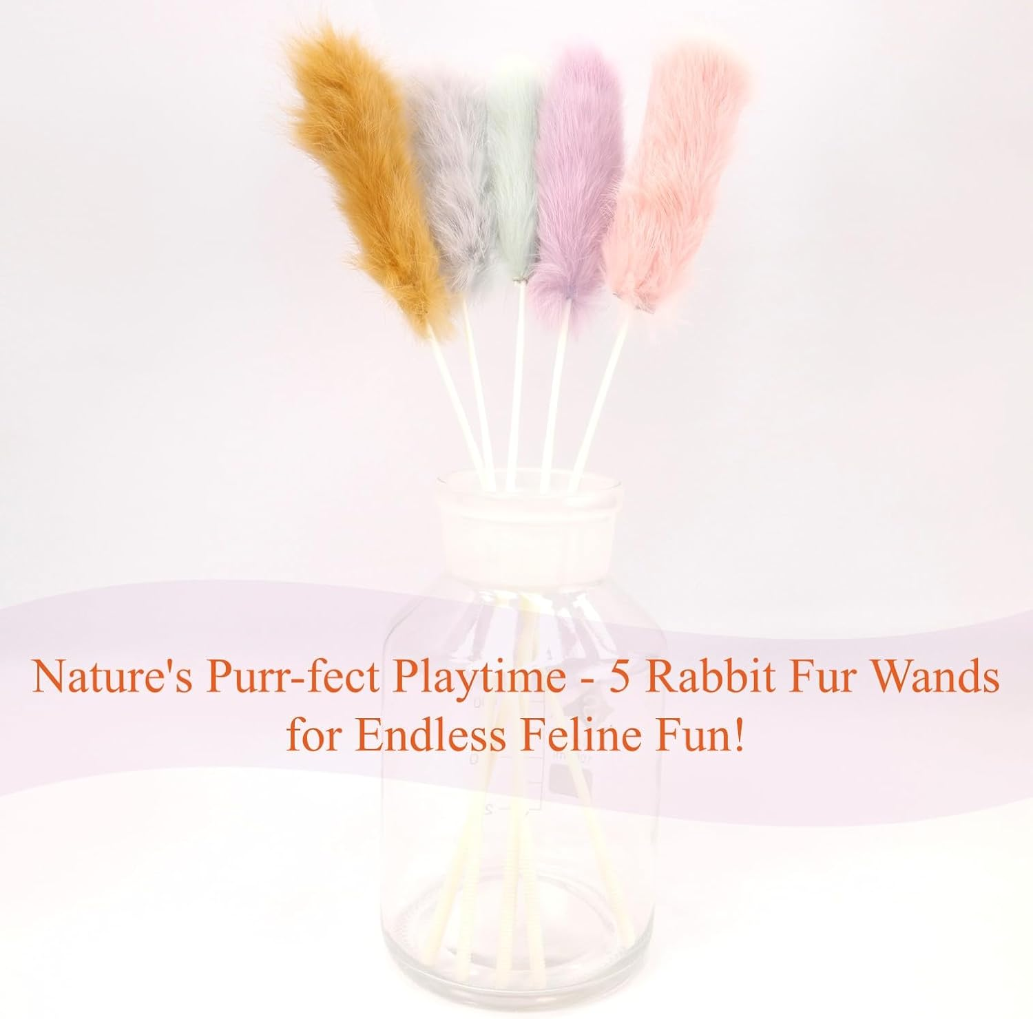 5PCS Real Rabbit Fur Cat Teaser Toys &ndash; Interactive Cat Toys with 38Cm Wands & 13Cm Soft Rabbit Fur, Colourful & Durable, Ideal for Indoor Play & Home Decor