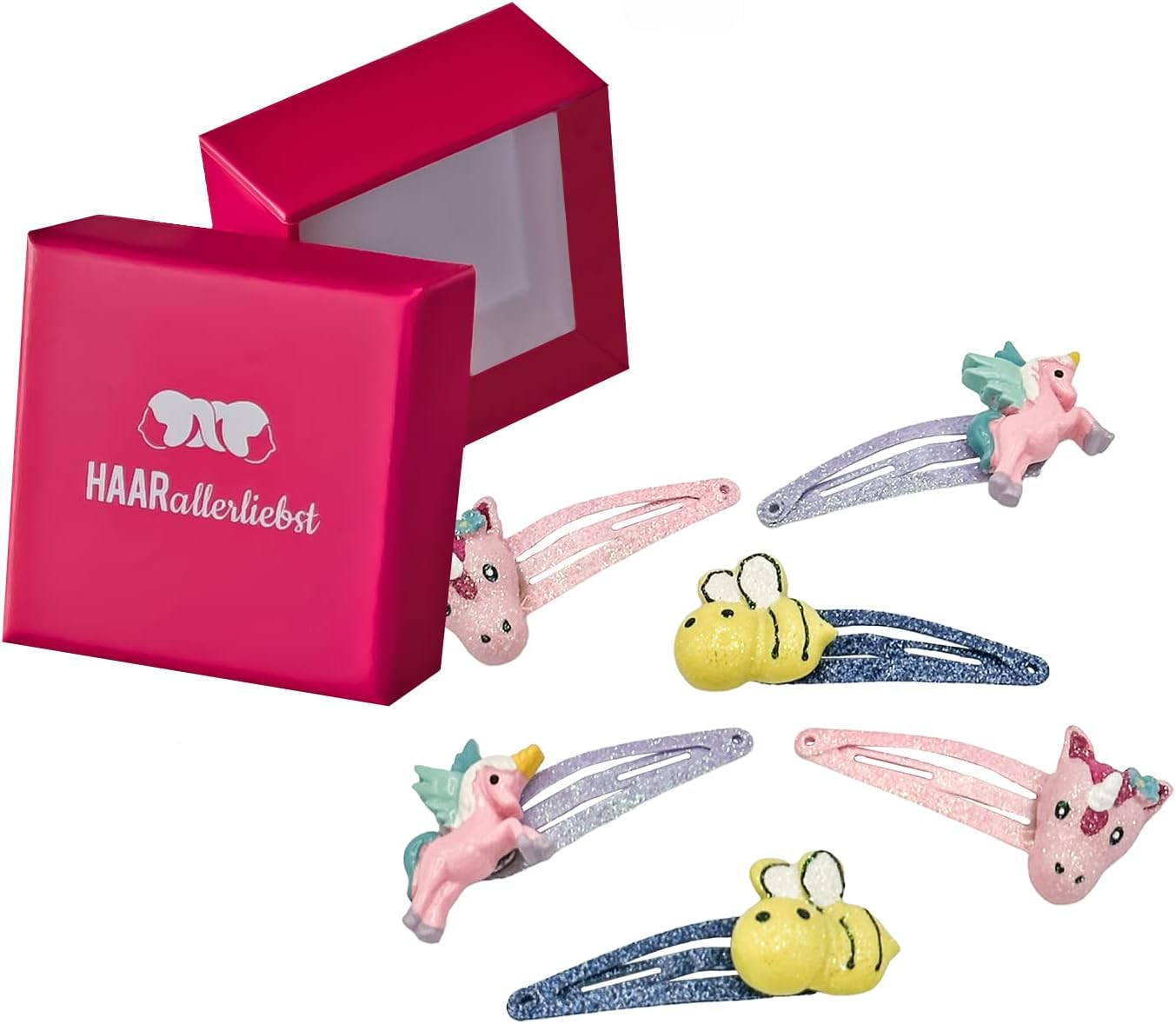 Haarallerliebst Hair Clips Set (6 Pieces | Glitter Butterflies | Colourful) for Girls with Storage Box (Rainbow - Pink)