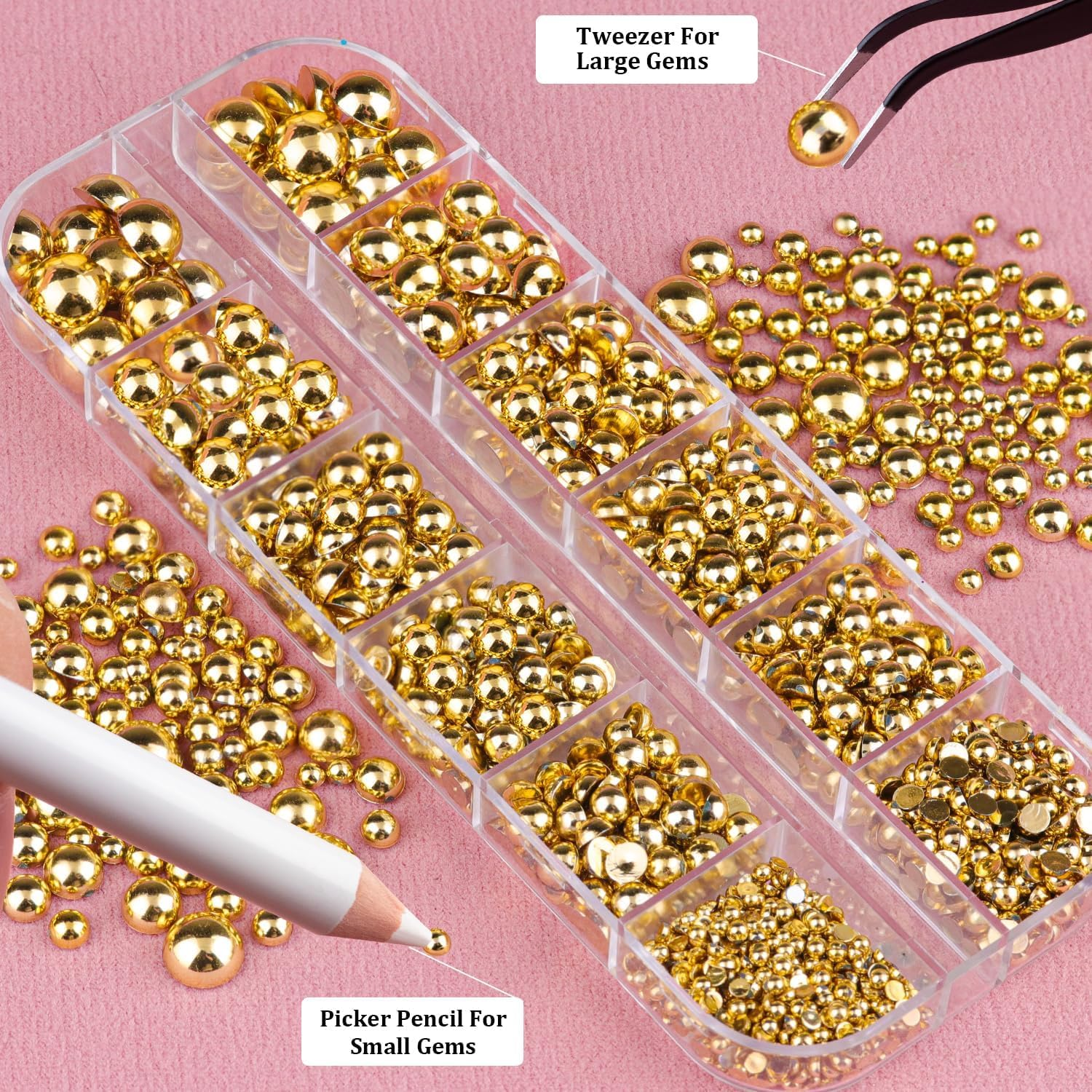 Flat Back Half round Gold Nail Charms and Gems with Multi-Size Pearls for DIY Nail Art Design and Crafting - Geiwogwc image number 1