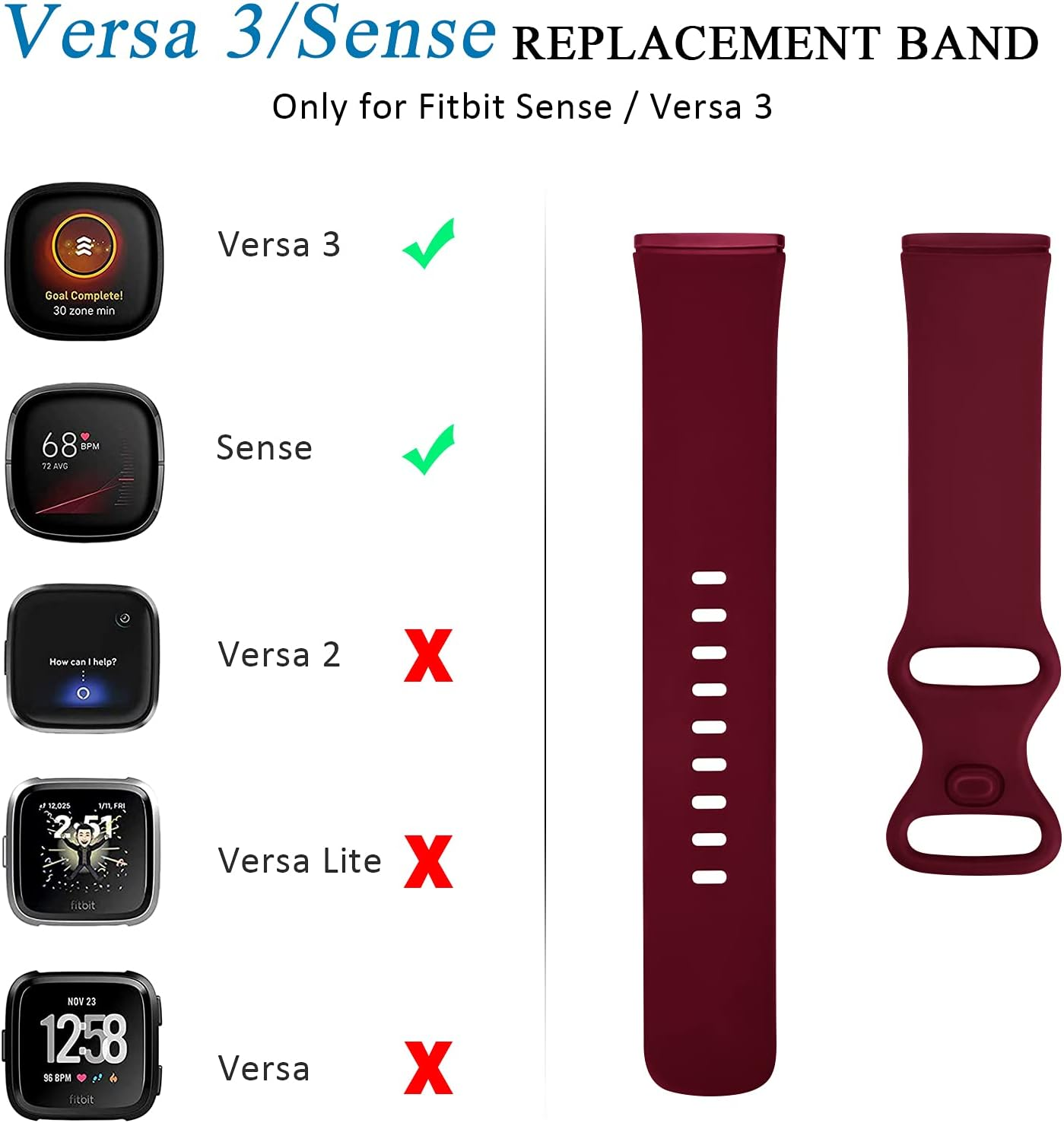 3 Pack Silicone Bands for Fitbit Versa 3 & Fitbit Sense, Soft Replacement Sport Wristbands for Fitbit Versa 3 & Fitbit Sense for Women Men Small Large image number 2