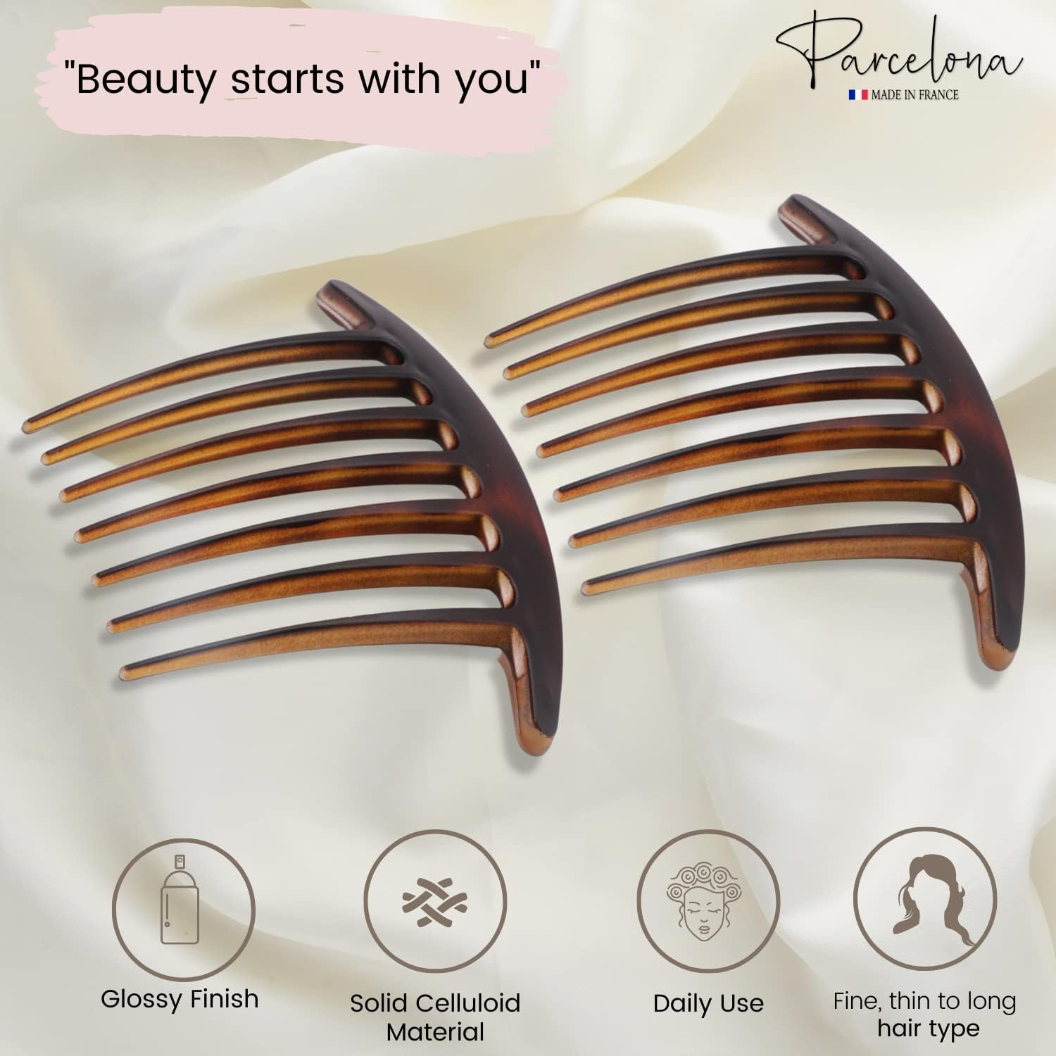 Parcelona French Basic 7 Teeth Tortoise Shell Matte Large 4&rdquo; Celluloid Set of 2 Side Hair Combs for Women and Girls image number 1