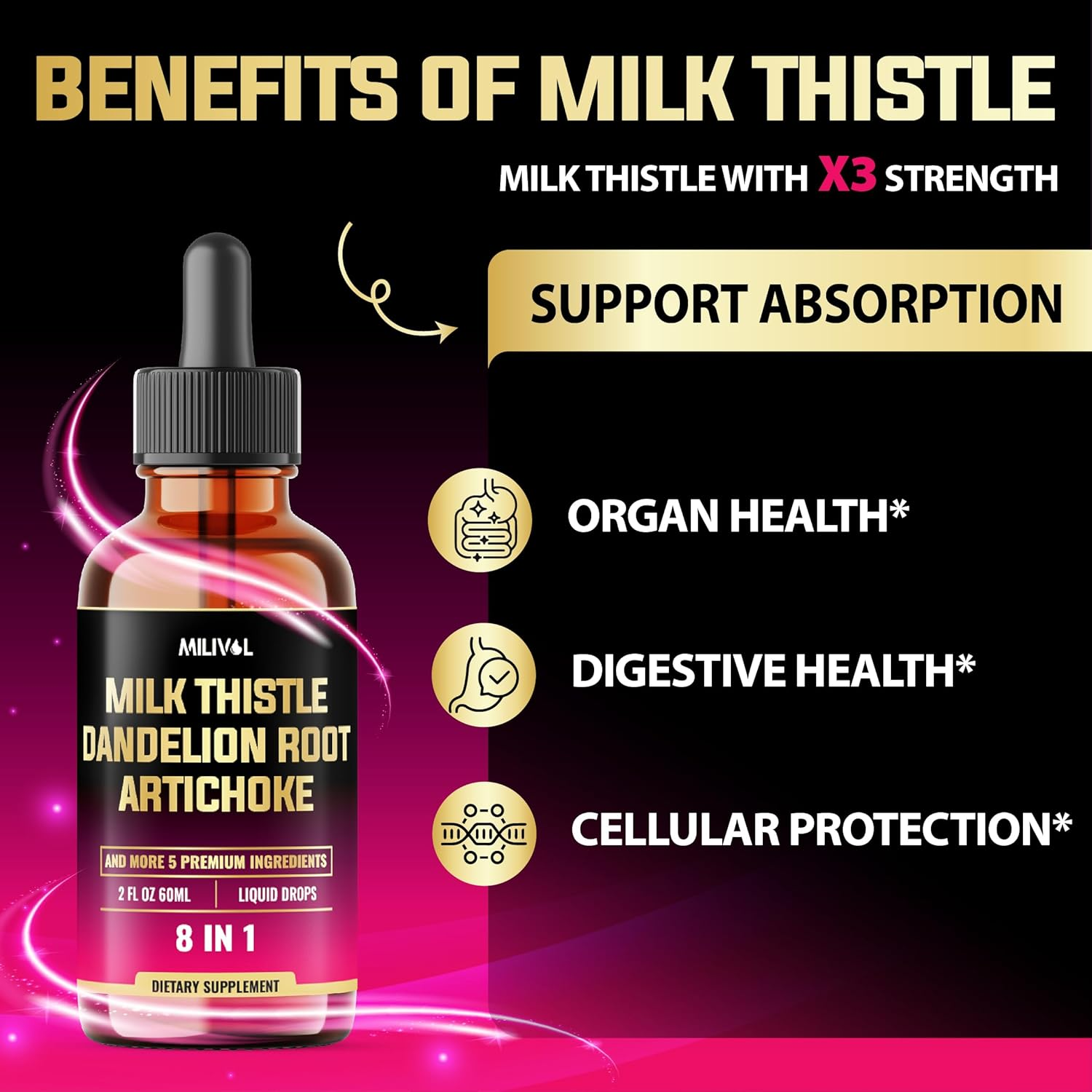 8In1 Milk Thistle Liquid Drops with Dandelion Root, Artichoke Leaf and 5 More Herbals - 60 Days Supply - 2 Fl Oz image number 3