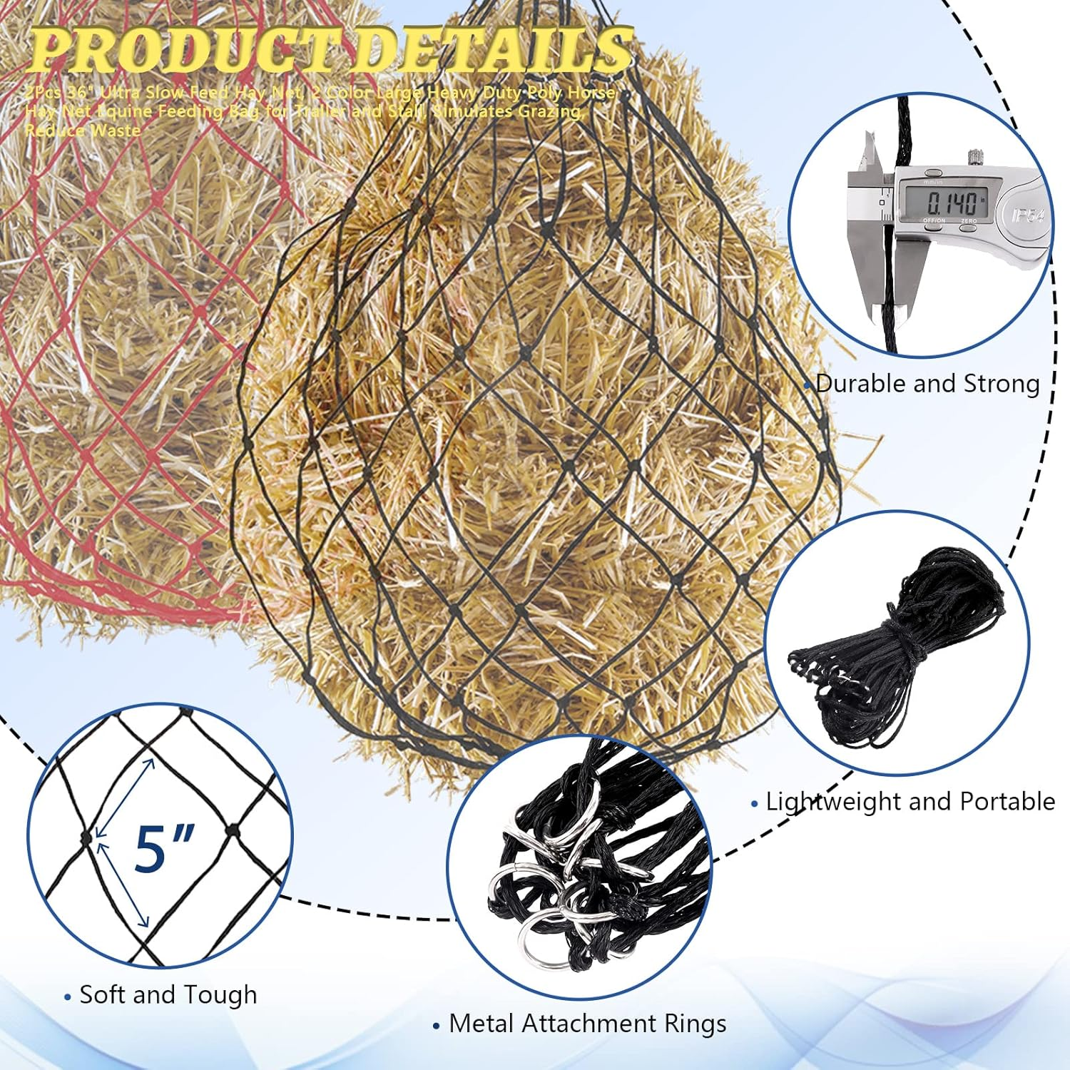 Glarks 2Pcs 36" Ultra Slow Feed Hay Net, 2 Color Large Heavy Duty Poly Horse Hay Net Equine Feeding Bag for Trailer and Stall, Simulates Grazing, Reduce Waste (Black, Red) image number 2