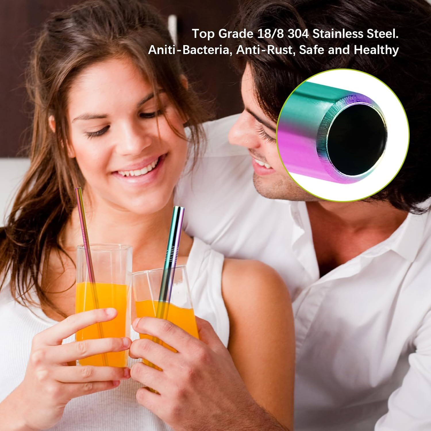 14 Pcs Stainless Steel Straws, Long Metal Straws, Reusable Metal Straw Set with Straight Bent Wide Straws, Straw Brushes and Straw Pouch for Smoothie Milkshake Cocktail Drinks (Colorful) image number 3