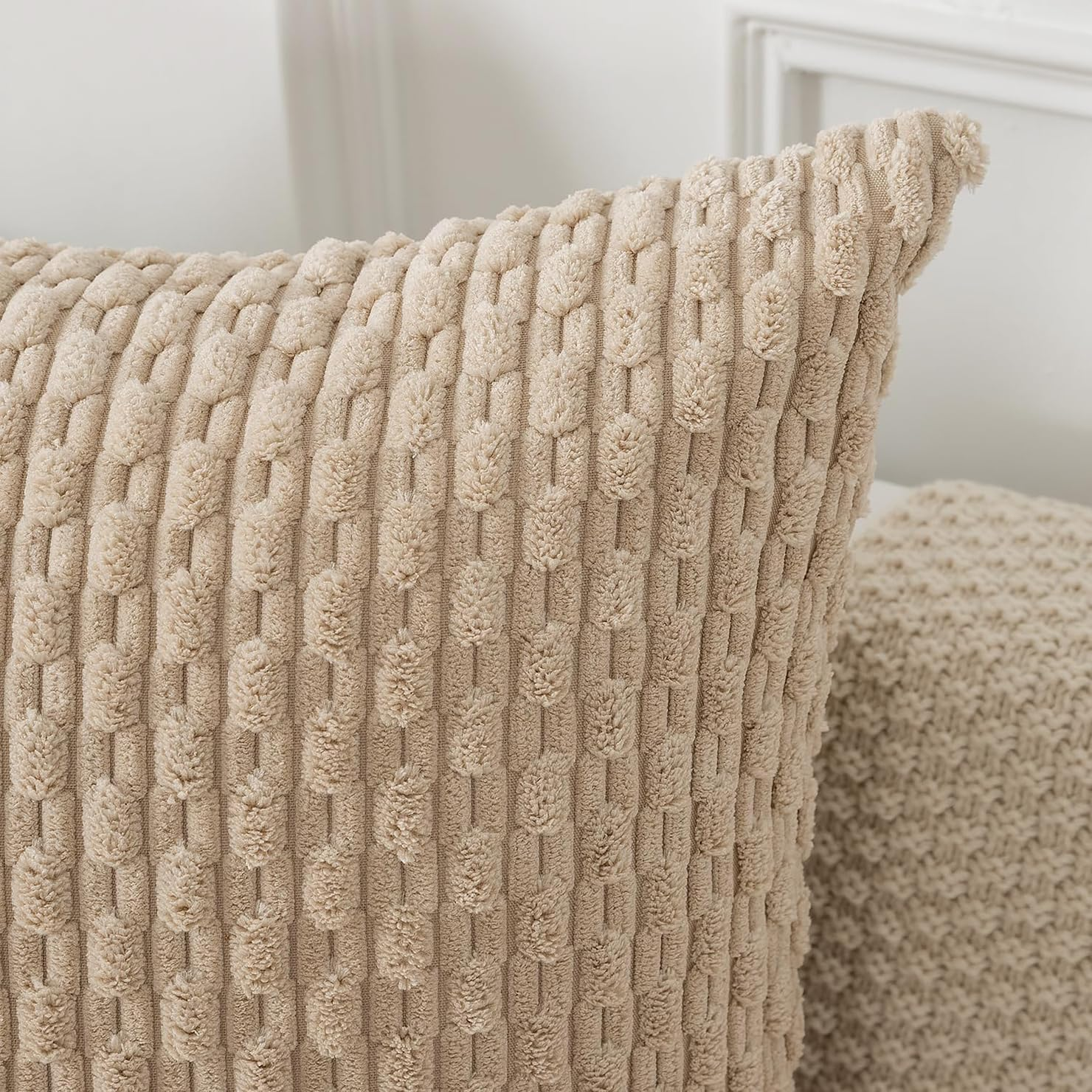 2Pcs Cushion Covers 50Cm X 50Cm, Corduroy Decorative Throw Pillow Covers Soft Boho Striped Pillow Case Modern Farmhouse Home Decor for Sofa Living Room Couch Bed (Khaki, 50Cmx50Cm) image number 6