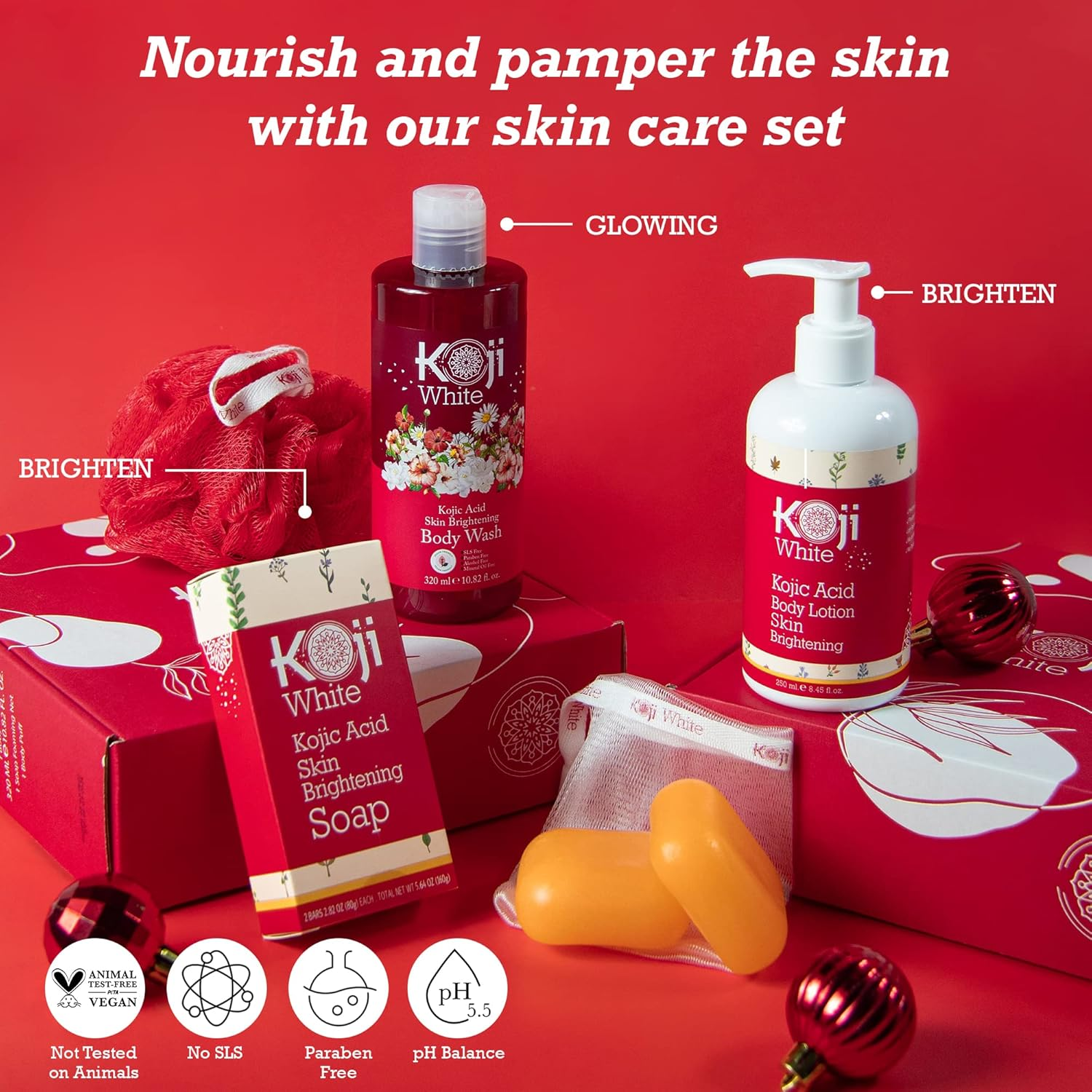 Gift Set for Women, Koji White Red Bath Sets - Kojic Acid Body Wash, Soap Bar and Body Lotion, Brightening, Uneven Skin Tone, Vegan, SLS & Paraben Free (3 Pcs) image number 3