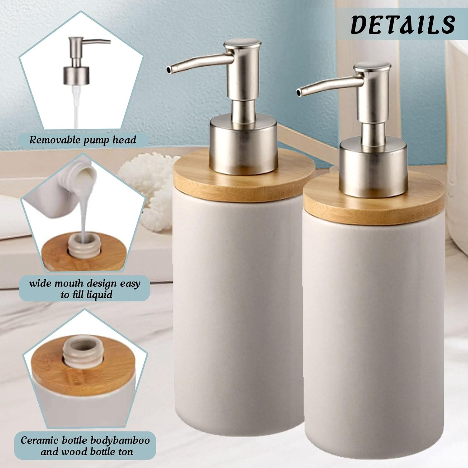 2Pcs Ceramic Dish Soap Hand Soap Dispenser, 400Ml Hand Soap Dispenser Set Kitchen Decorative Pump Jar Dispenser Refillable Liquid Wash Dispenser Bottle for Bathroom, Countertop, Kitchen (Grey) - Black image number 3