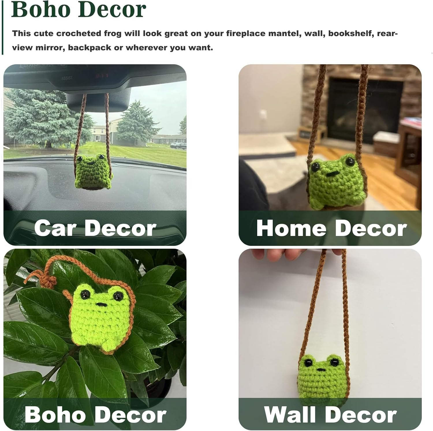 Cute Crochet Frog Car Decor,Car Hanging Accessories for Rear View Mirror,Boho Positive Animals Charm,Hand-Made Kitchen Office Ornament, Funny Interior Aesthetic Pendant for Women (Green)