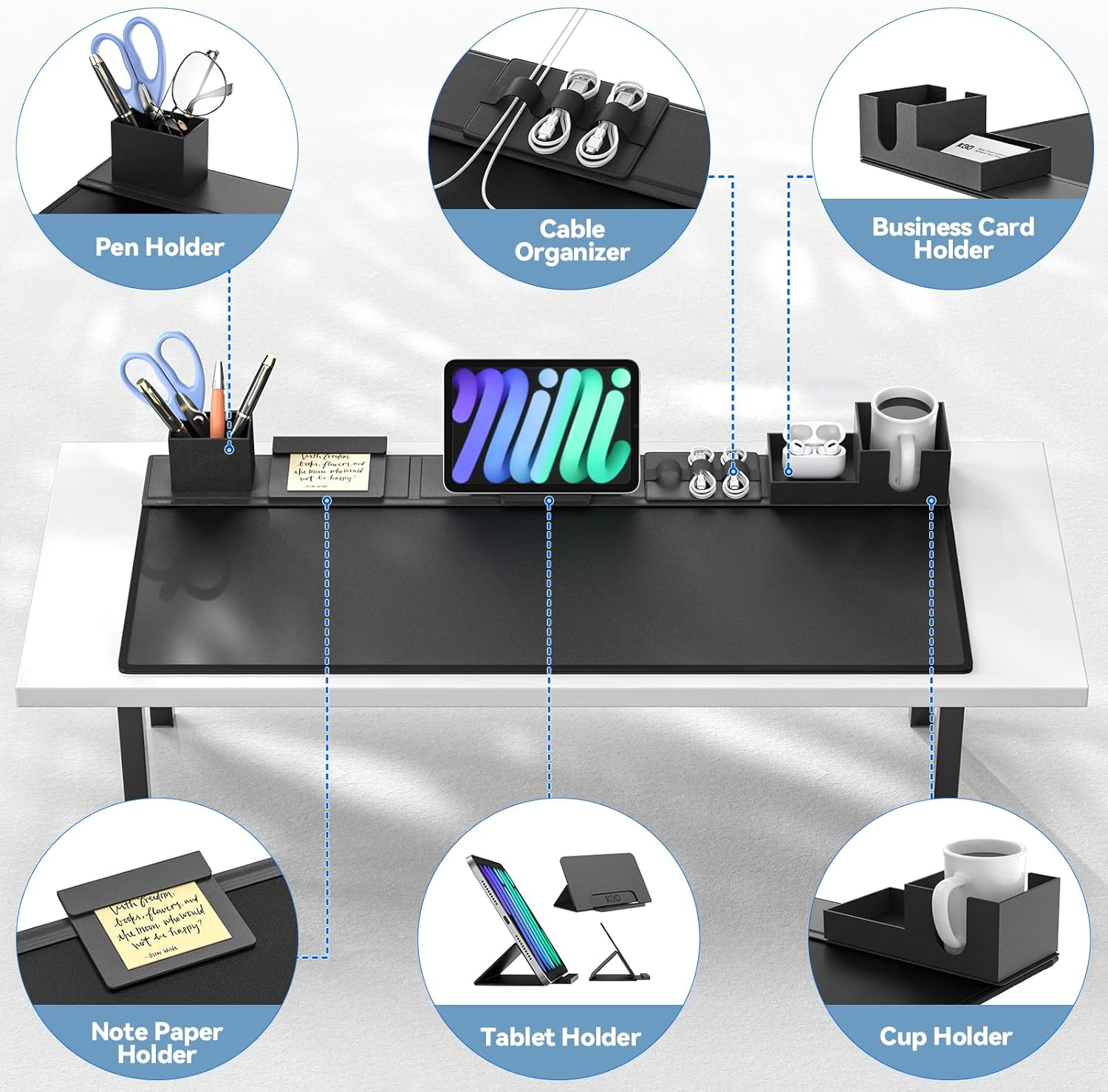 KDD Desk Pad and Organizer Set, 6 in 1 Mouse Mat with Magnetic Desktop Storage Accessories DIY Feature for Phone and Tablet Stand/Cup Holder/Card Holder/Pen Holder/Cable Management for Office and Home image number 3