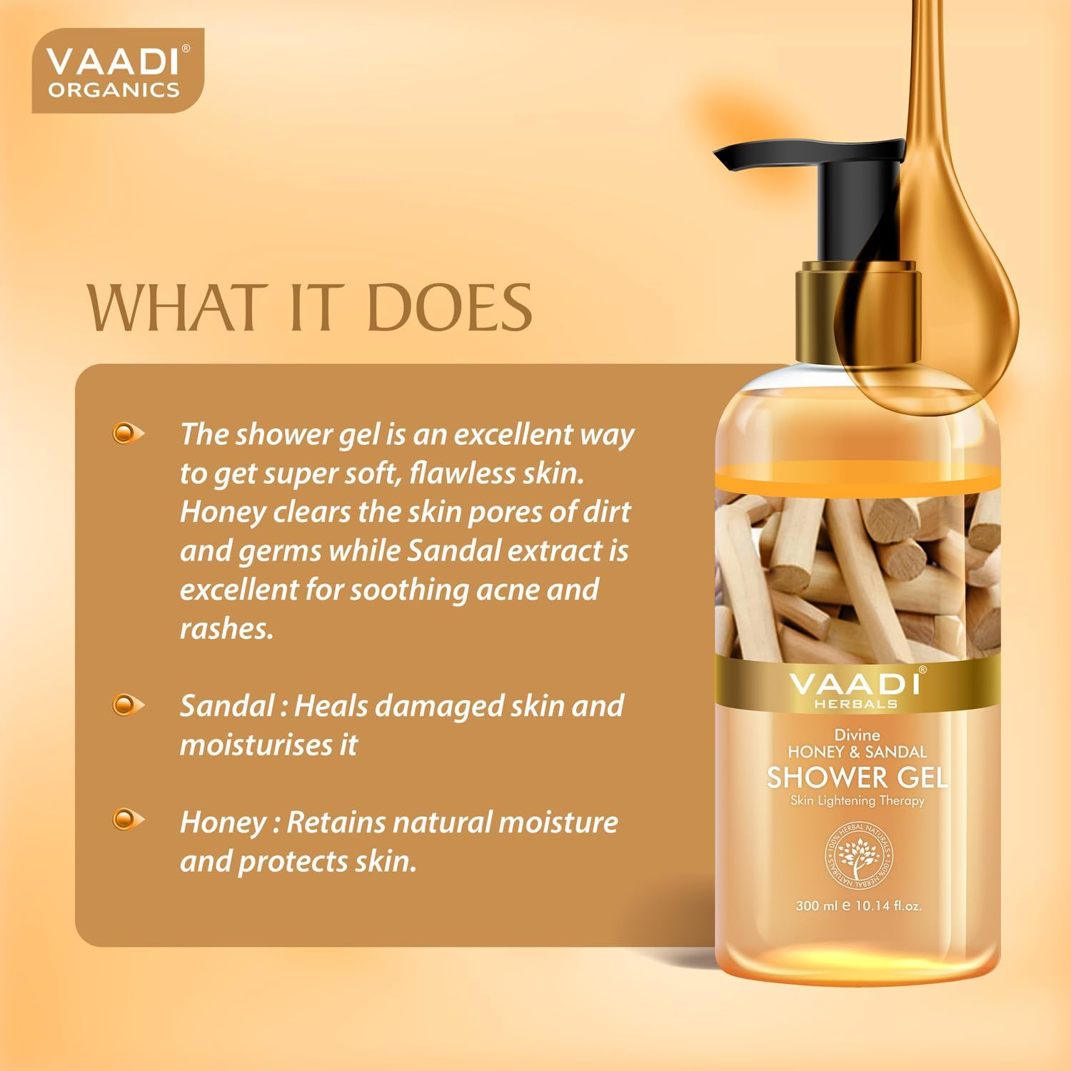Vaadi Herbals Organic Body Wash Shower Gel Honey & Sandalwood Skin Revitalizing Therapy -Shower Gel That Cleanses, Refreshes and Deodorizes - Daily Detox Antifungal Body and Foot Cleanser - Great for Acne - for All Skin Type - Sulfate Free Paraben Free - Value Pack of 2X 300Ml image number 5