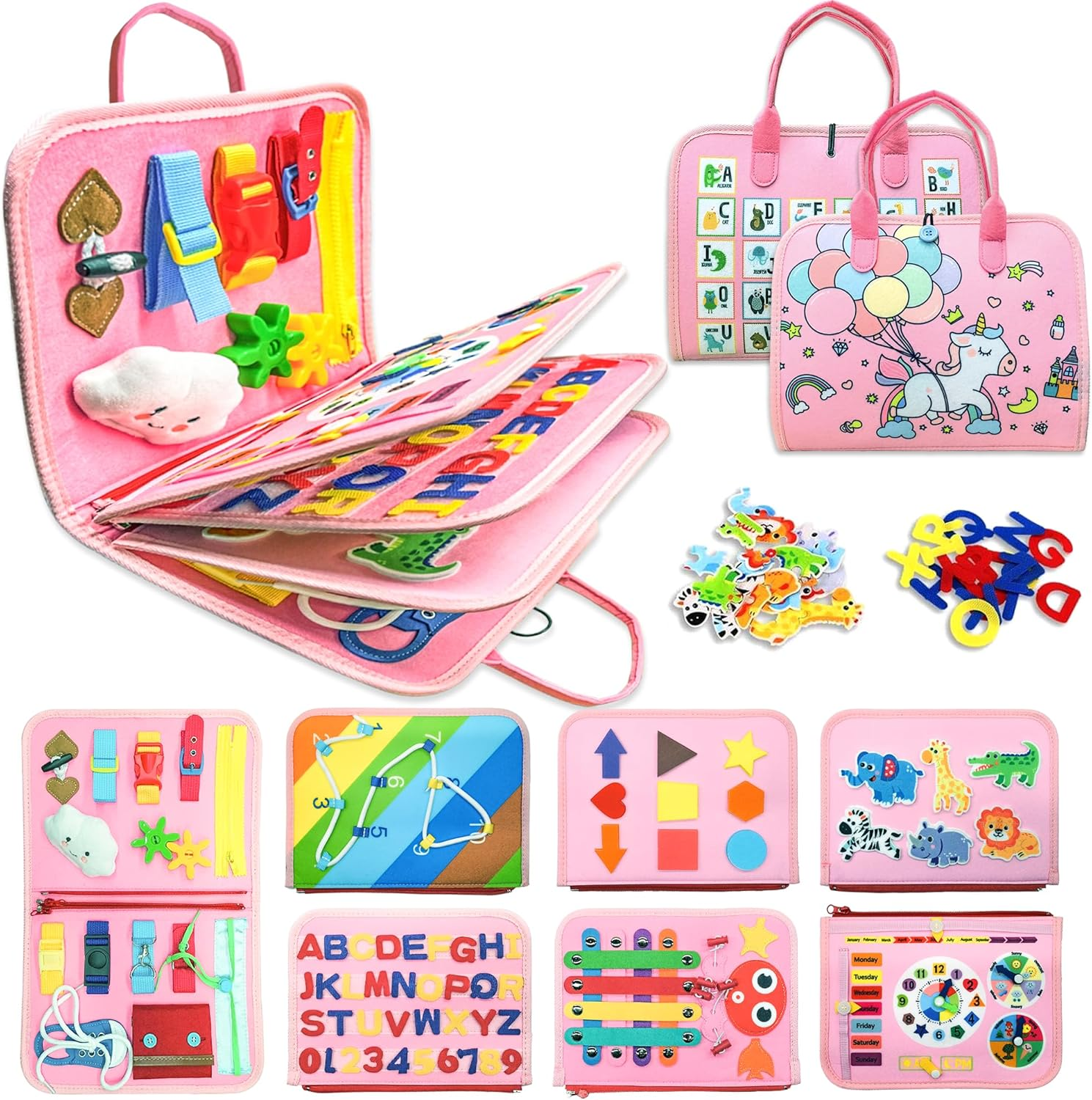 Busy Board Montessori Toys for Toddlers, 9 in 1 Busy Book Early Education Learning Travel Toy,Activity Sensory Board Book Preschool Toys for Boys Girls 1 2 3 4 Years Old (Pink Unicorn)