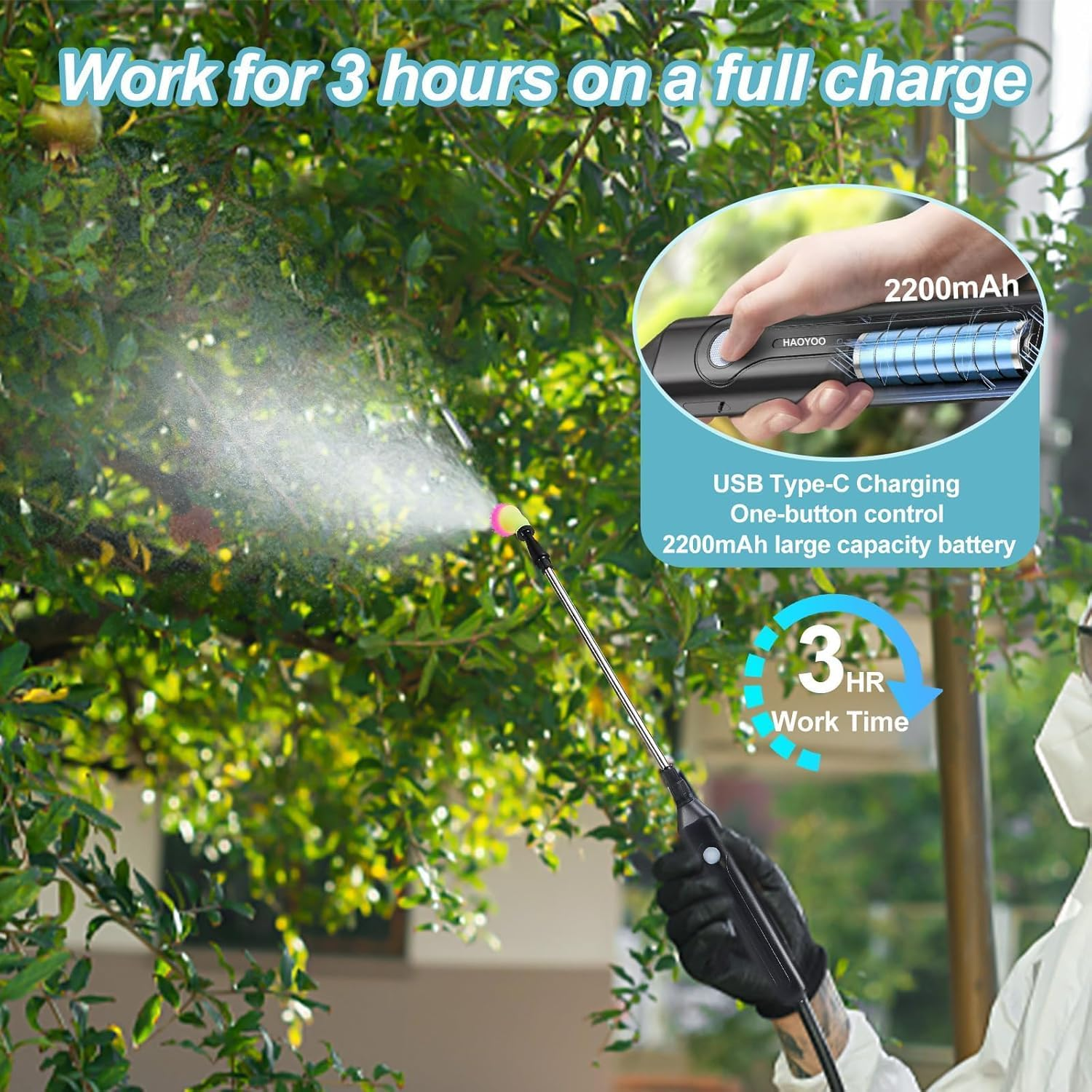 Battery Powered Sprayer 8L,Upgrade Electric Sprayer with 3 Mist Nozzles, USB Rechargeable Handle and Retractable Wand, Garden Sprayer with Adjustable Shoulder Strap for Lawn,Garden,Cleaning (Blue)