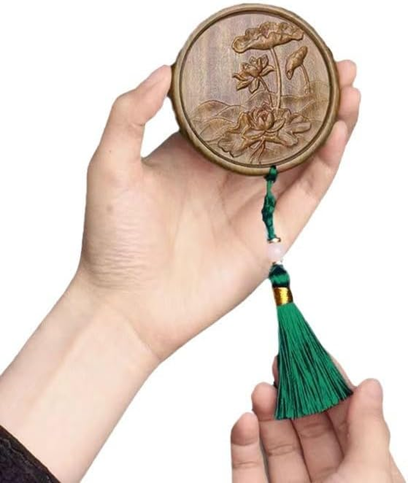 Chiorgone Hand Carved Wooden Compact Mirror - Lotus Flower Design - Portable Pocket Makeup Mirror with Green Tassel - Natural Asian Style Accessory for Purse or Travel