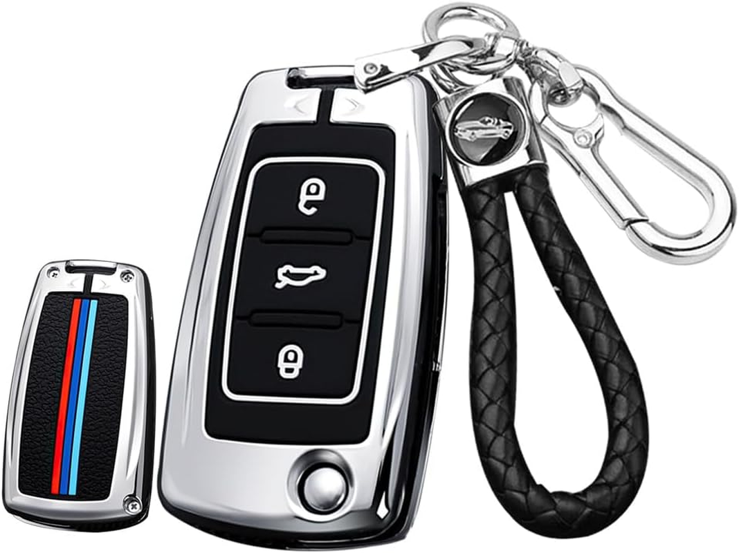 Ontto Metal Car Key Fob Cover Fit for VW Polo Golf 7 MK7 Tiguan Octavia Kodiaq Karoq Ateca Leon Flip Key Case Keyring Key Shell Holder Bag Keychain Protector Accessories Silver B