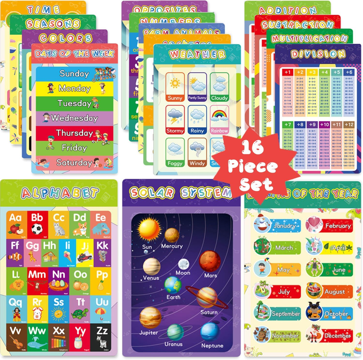 16 Educational Posters for Classroom & Kindergarten, Kindergarten Classroom Must Haves, Laminated Prek Learning Chart Materials Solar System, ABC Alphabet, Shapes, Colors, Days of the Week, Multiplication Table Etc. image number 6