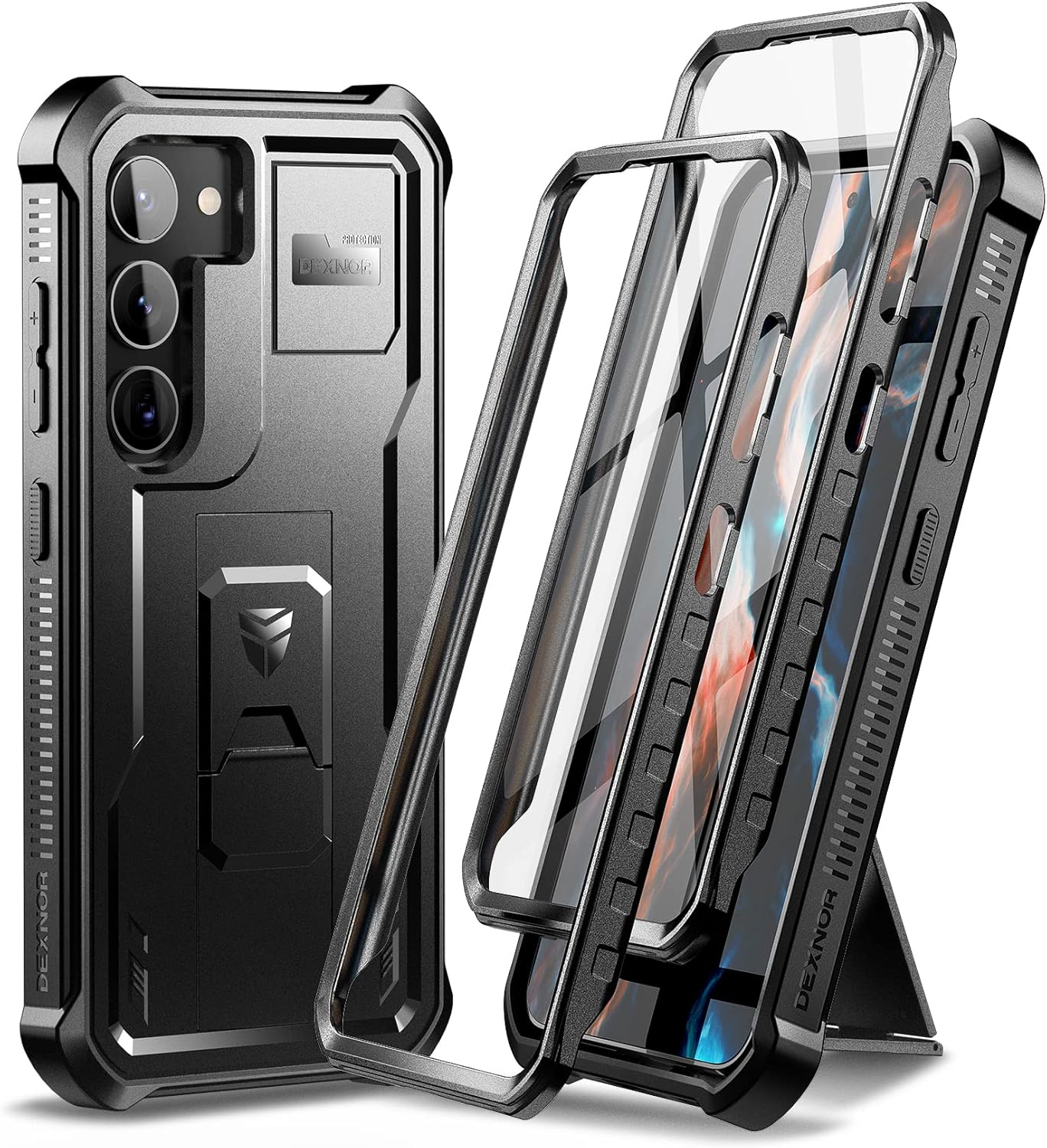 Dexnor Full Body Case for Samsung Galaxy S23 Ultra【Double Front Frame & Kickstand】, Bumpershock Technology Drop Protection Rugged Phone Cover Shockproof Protective Bumper Case - Black