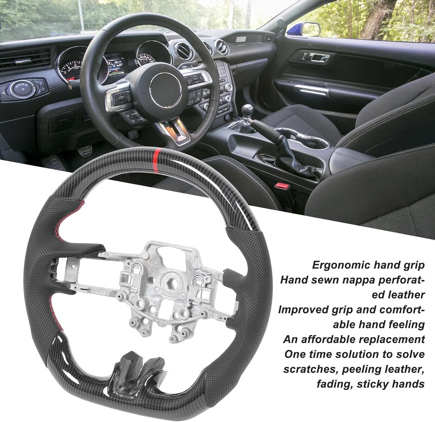 Carbon Fiber Steering Wheel for Mustang V6 Ecoboost GT Shelby 2015-2017, Ergonomic anti Slip Grip, ABS Material, Universal Steering Wheel