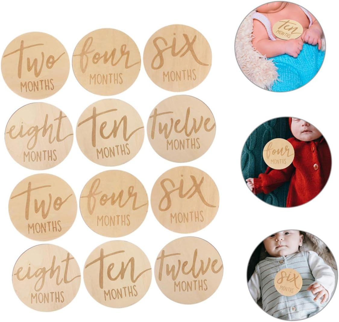 12 Pcs Double Sided Wooden Monthly Milestone Markers round Growth Discs for Recording Development Monthly Photo Props for Boys Durable Versatile Milestone Signs image number 1