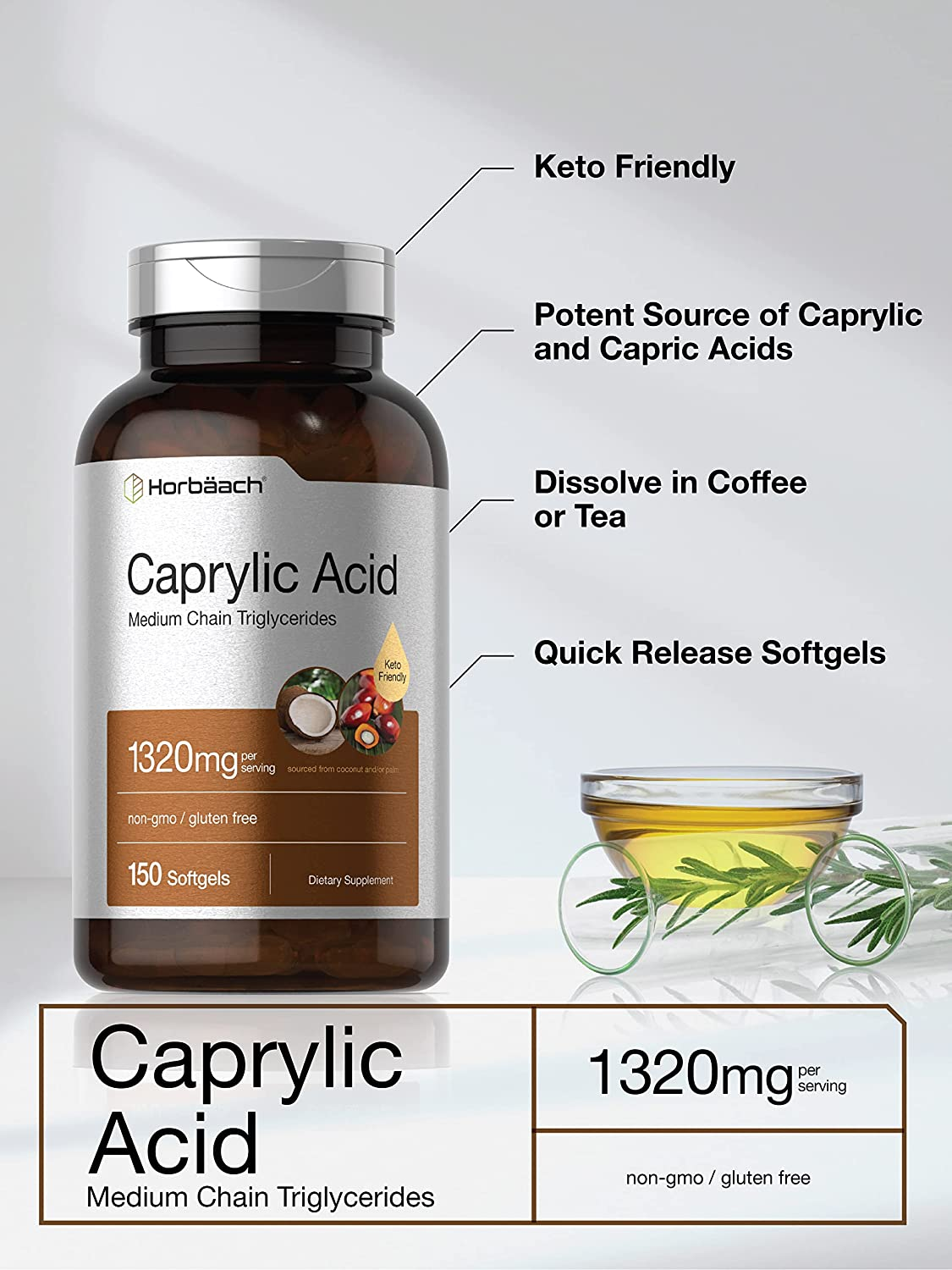 Caprylic Acid 1320 Mg | 150 Softgel Capsules | from MCT Oil | Non-Gmo, Gluten Free Supplement | by Horbaach image number 1