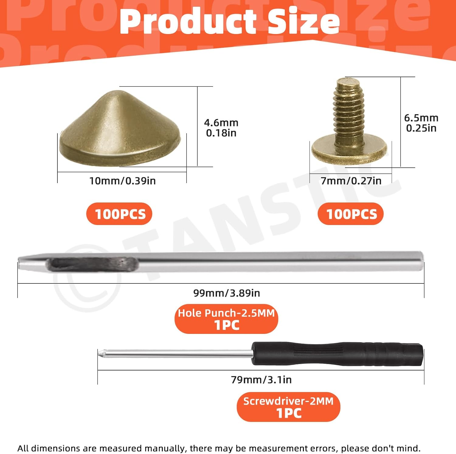 Tanstic 100 Sets(202Pcs) Bronze Cone Spikes and Studs Kit, 10 X 4.7Mm Metal Spikes and Studs Bullet Cone Spikes Studs Screw Back Punk Studs with Installation Tools for Leather Craft - Bronze image number 6