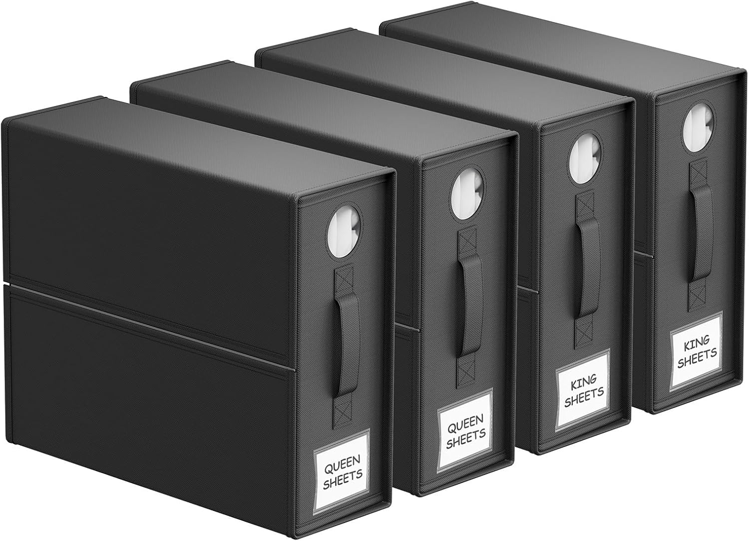 BDZBREN Bed Sheet Organizers and Storage, Foldable Organizer for Linen Closet, Sheets Set Folder Keeper with Window XL (Queen & King Size) Organizing Bedding Container (4 Pcs, Black)