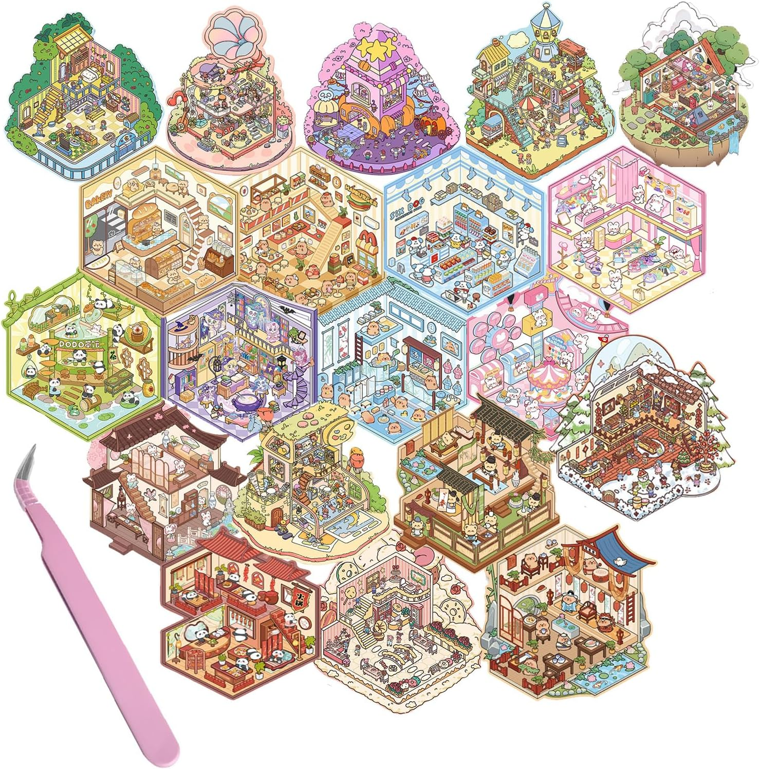 20 Sets DIY 3D Stickers Scene,Fun DIY House Stickers for Adults and Kids to Relieve Stress Pass the Time Bear Bakery,Restaurant,Convenience Store,Amusement Park,Teahouse