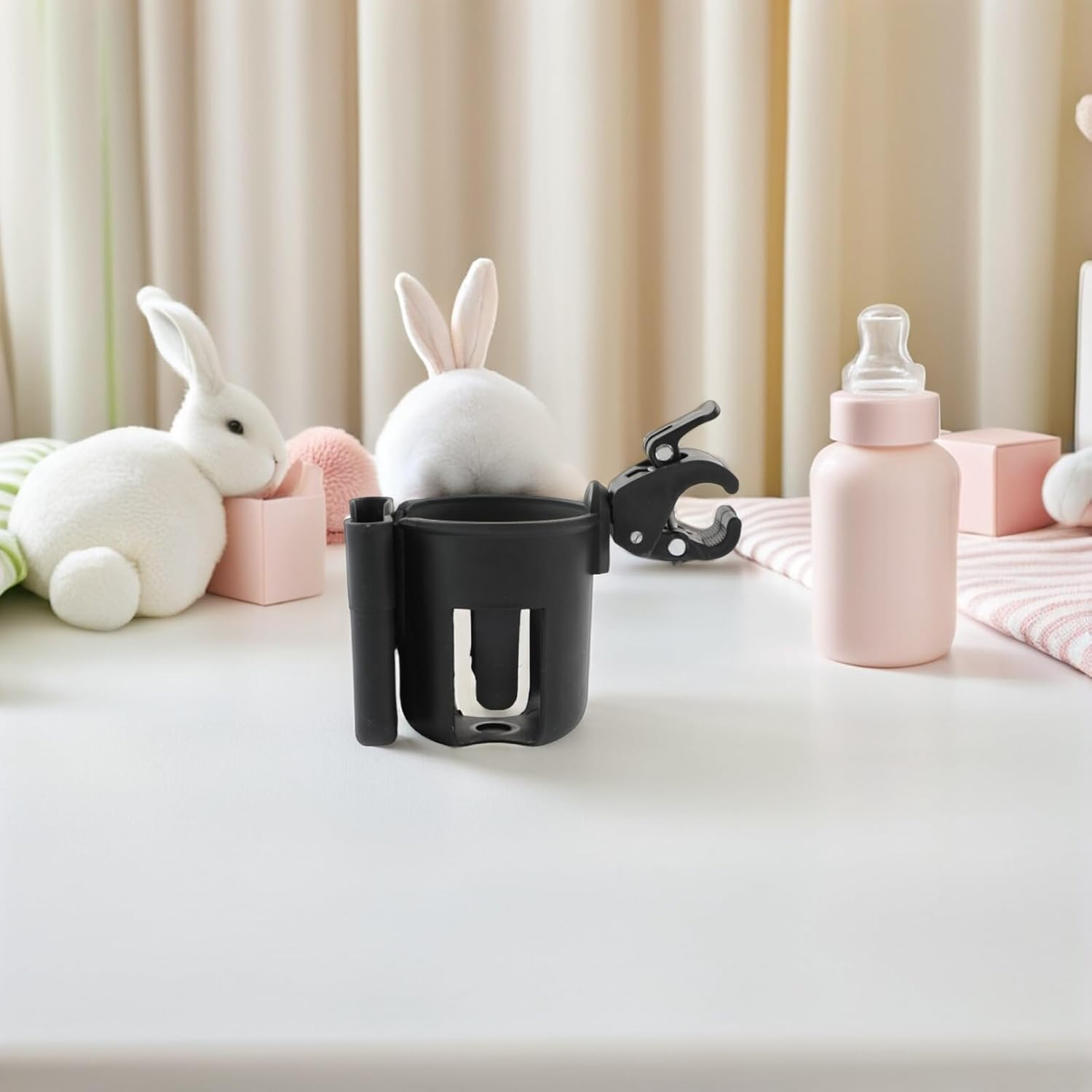 2Pcs Stroller Cup Holder Phone Holder, Universal Plastic Drink Bottle Rack for Pram, Pushchair and Scooter, Black Organizer for Bottles and Sippy Cups, Travel Accessories