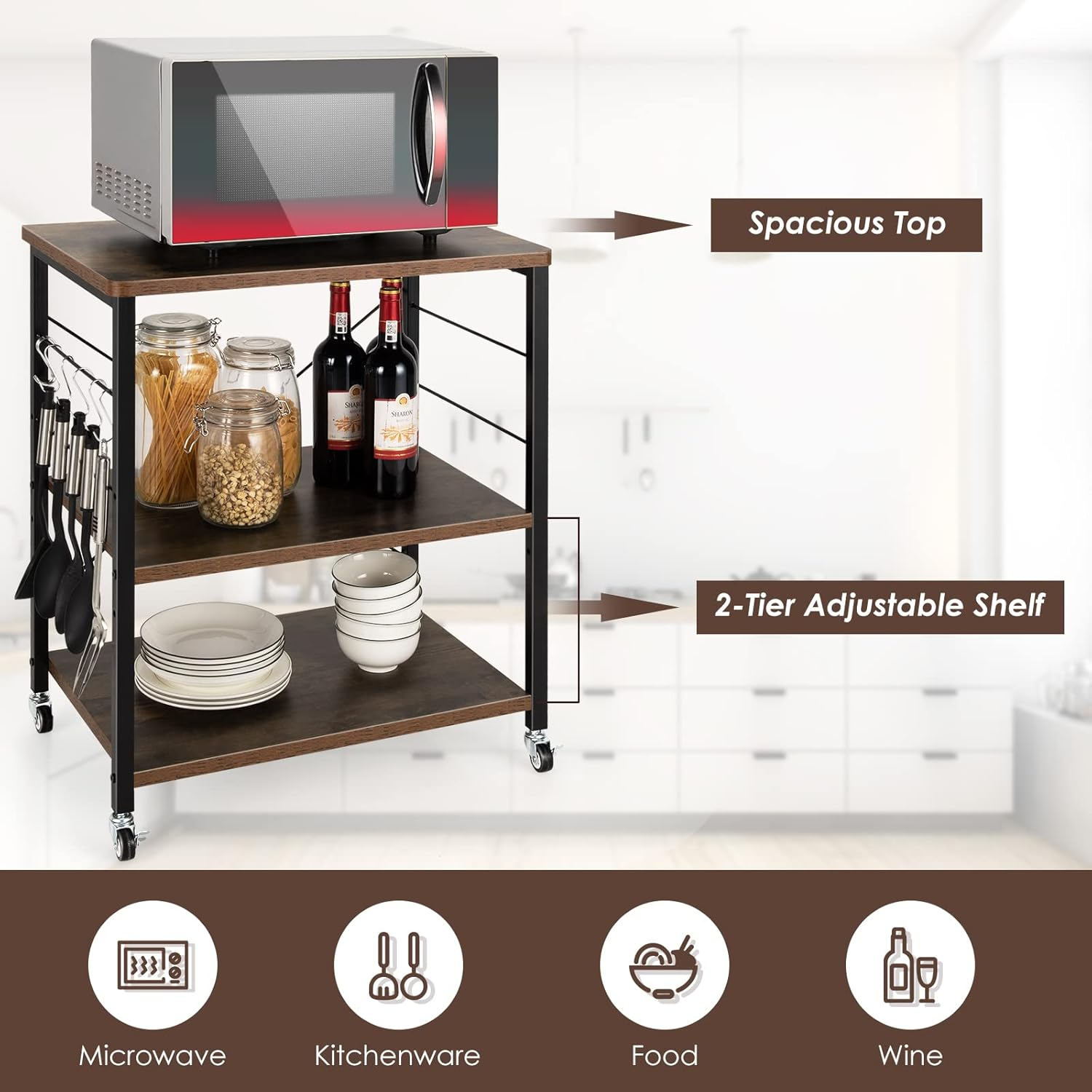 Costway 3-Tier Baker&rsquo;S Rack, Kitchen Utility Serving Cart W/ 10 Removable Hooks, Standing Microwave Shelf Metal Frames W/Lockable Casters for Coffee Restaurant Hotel (Rustic Brown)