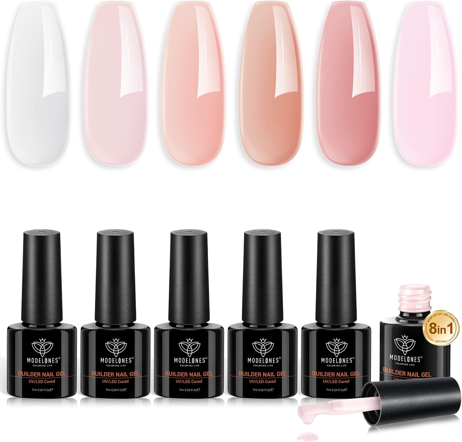 Modelones Builder Nail Gel Set, 6 Colors Gel Builder 8-In-1, Jelly Nude Pink Hard Gel Builder Nail Strengthener Extension Gel Color Base Gel Rhinestone Nail Tips Glue Gel in a Bottle, Gifts for Women image number 5