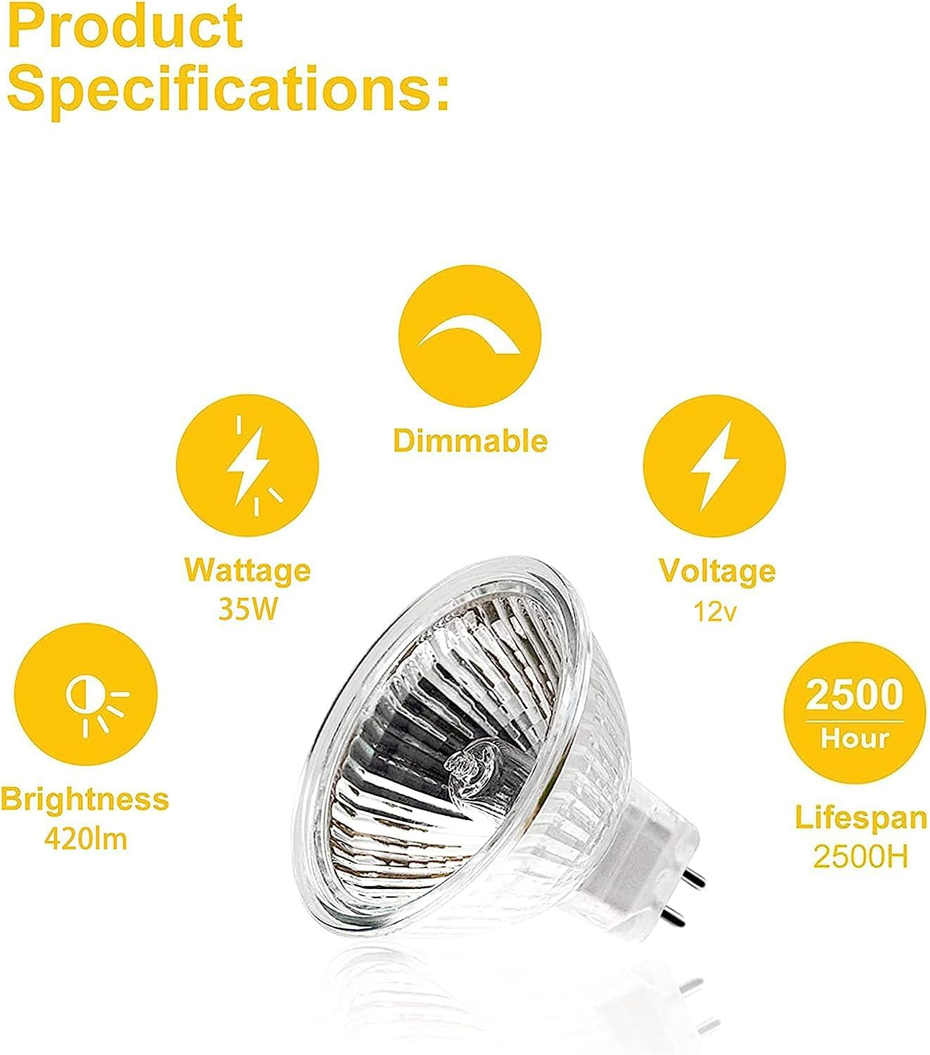 Simusi MR16 Halogen Light Bulbs, Halogen 12 V 35 W MR16, GU5.3 Halogen 35 W Ceiling Bulbs, 2 Pin Dimmable, Halogen Spot Bulbs, Halogen Reflector 2700 K Warm White, Pack of 6 image number 6