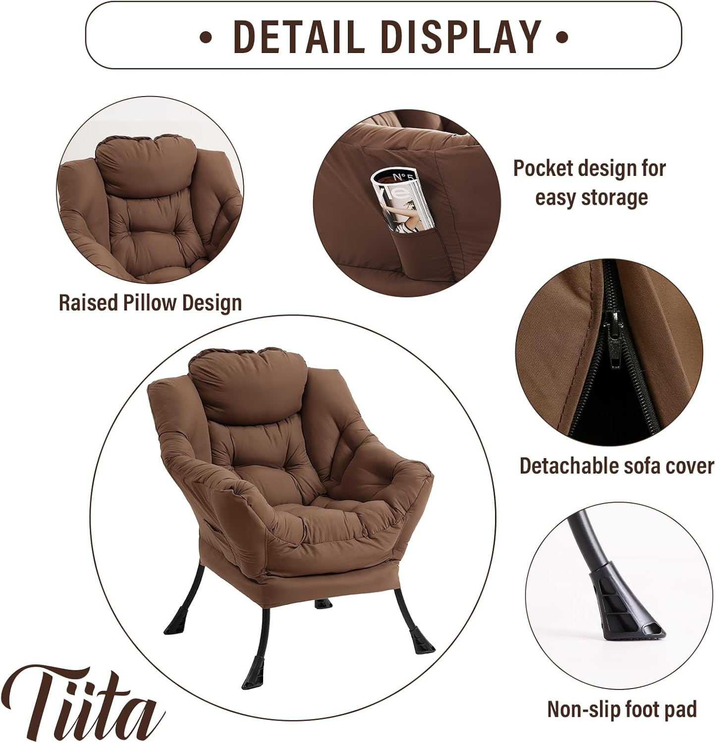 Tiita Lazy Chair with Ottoman, Modern Large Accent Lounge Armchair, Comfy Leisure Sofa Reading Chair with Footrest for Bedroom, Living Room, Dorm Rooms, Garden and Courtyard, Brown