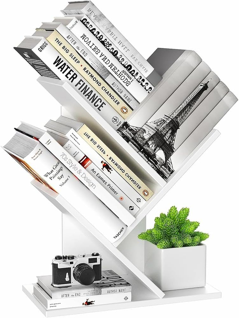 SHENMAIDAY 5 Layer Small Tree Shape Bookshelf, Book Storage Organizer, Desktop Book Display Rack for Books Magazines CD Freestanding Vintage Wooden Storage Rack for Home Office Bedroom (Black)