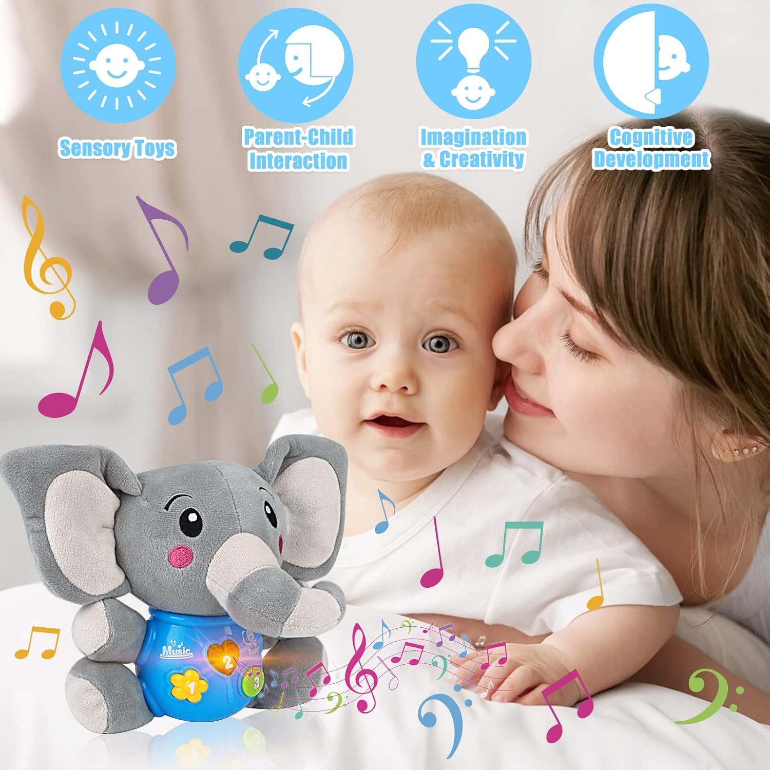 Plush Musical Baby Toys, Cute Elephant Stuffed Animal Infants Toys for 3-6-12 Months Boys & Girls & 0-6 Months Baby Stuff, Newborn Boys Gift,Infant Light Music Time,Baby Music Toys image number 5