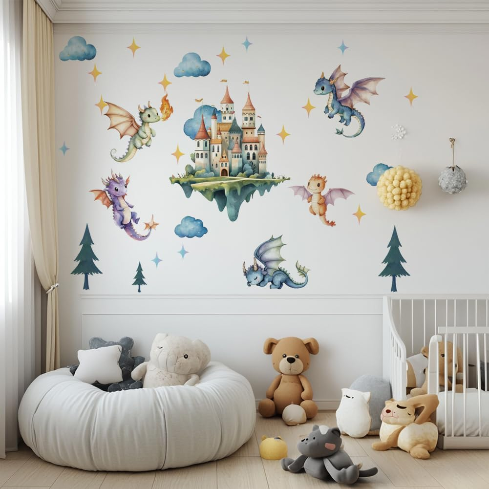 SUPERDANT Flying Dragon Wall Stickers Cartoon Castle Wall Decor Nursery Stickers Dragon DIY Vinyl Murals Peel and Stick Wallpaper Art Decals for Kids Room Playroom Livingroom Baby Room Decor image number 2