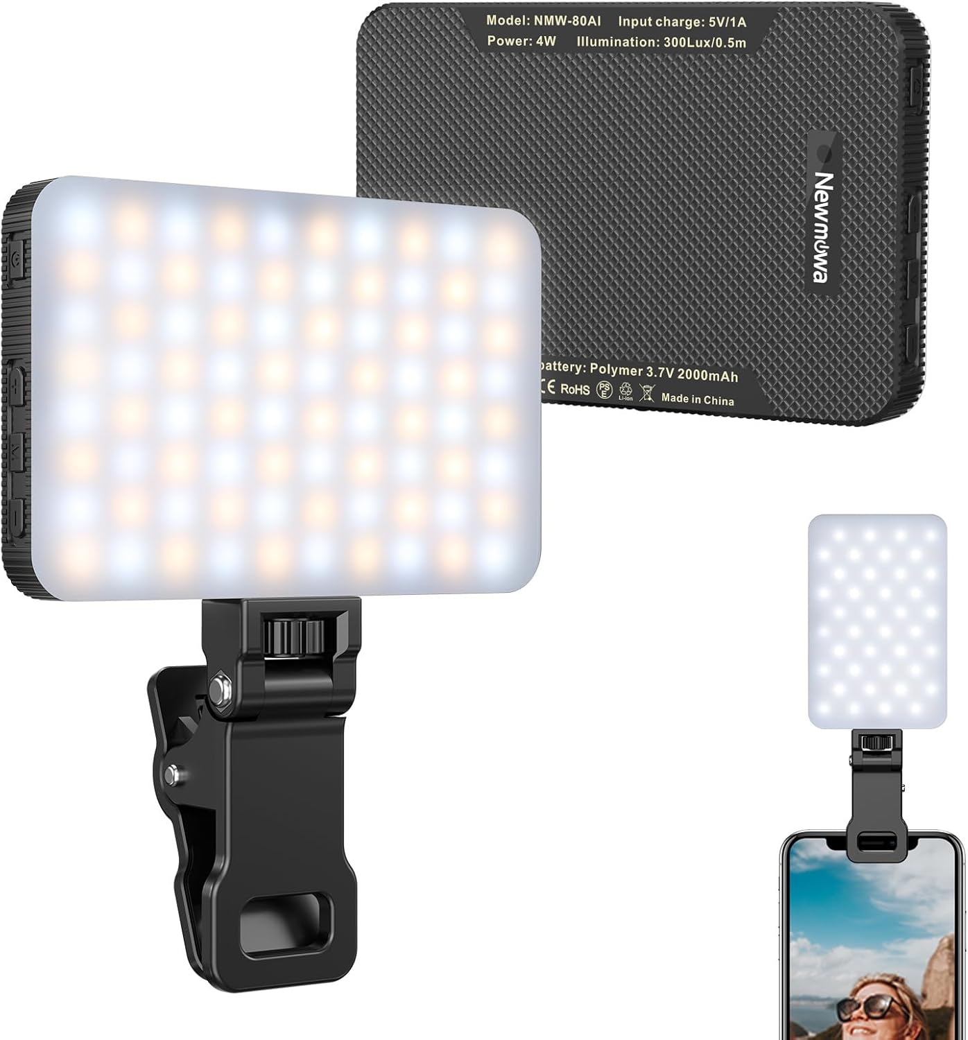 Newmowa Black Rechargeable Selfie Light - Portable Clip Video Light for Phone/Laptop/Camera with Smart Light Sensor,3 Light Mode,2000Mah Battery Phone Light for Selfie/Makeup/Video Conference/Tiktok image number 2