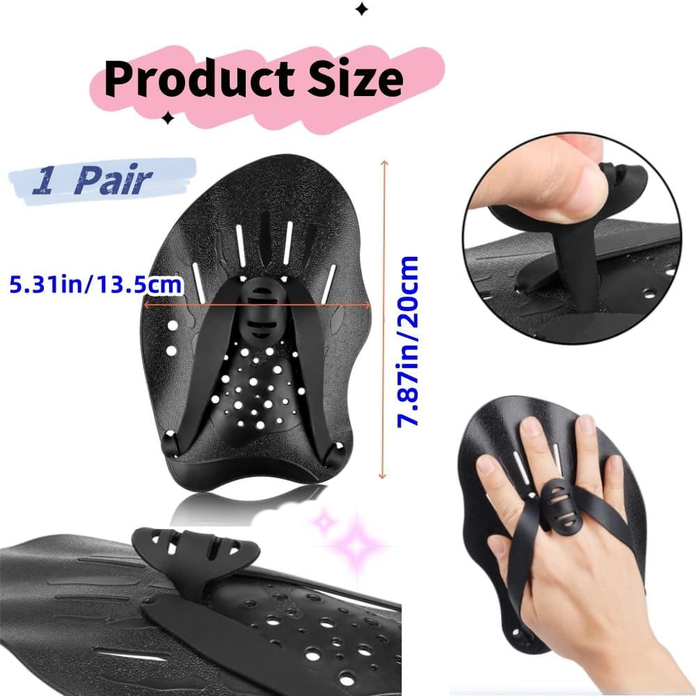1 Pair Hand Paddles for Swimming, Swimming Paddles with Adjustable Straps, Strength Training Aid, Pool Exercise Equipment, Swimming Training Accessories,Unisex（Black） image number 1
