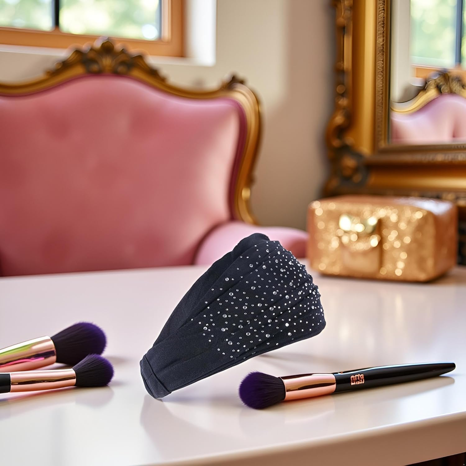 Makeup Headband Super Soft Yoga Rhinestone Solid Color Elastic Glitter Hair Accessories for Women Girls Black image number 3