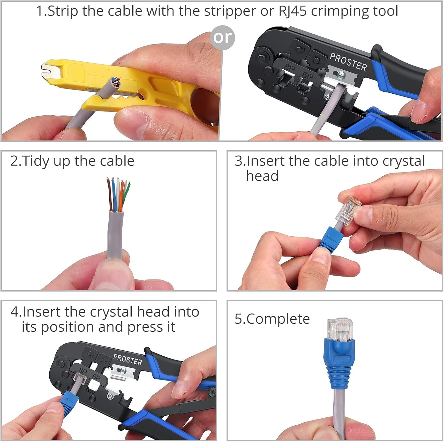 Proster RJ45 Crimping Tool Cat5 Cat5E Cat6 Crimper RJ-11, 6P/RJ-12, 8P/RJ45 Crimping, Cutting and Stripping Tool with 30 Pieces Connectors 30 Pieces Covers 100 Pieces Nylon Cable Ties and Wire image number 5