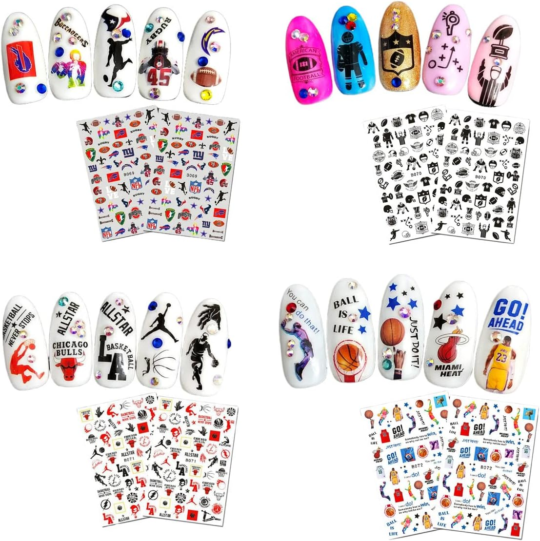 CHANGAR Football Sports Nail Art Decals - Basketball, Soccer, Cheerleading, Flag, Bowling, Rugby, Ballet - 16 Sheets