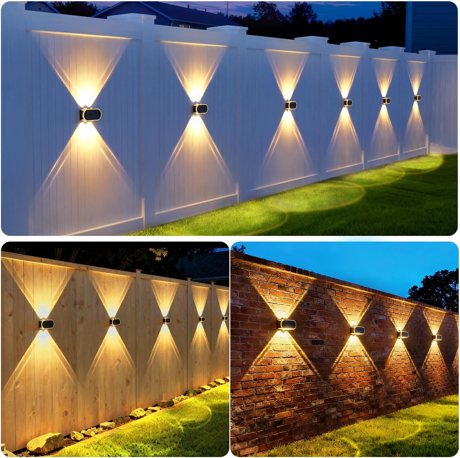 Ellasay Fence Lights Solar Powered: Outdoor LED Wall Lighting Dual Beam and 3 Color Modes IP65 Waterproof 12H Long Lasting Easy Mount for Garden Patio Backyard 4 Pack image number 6
