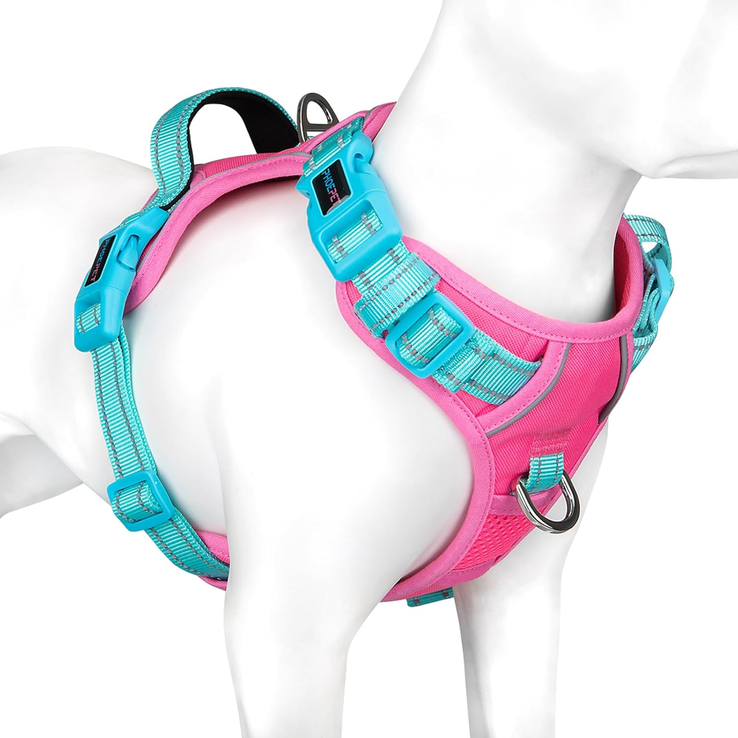 PHOEPET No Pull Dog Harness, Unique Colors Reflective Adjustable Dog Vest, with Soft Training Handle Metal Clips for Small Medium Large Dogs (Pink Base & Green Straps,M) image number 3