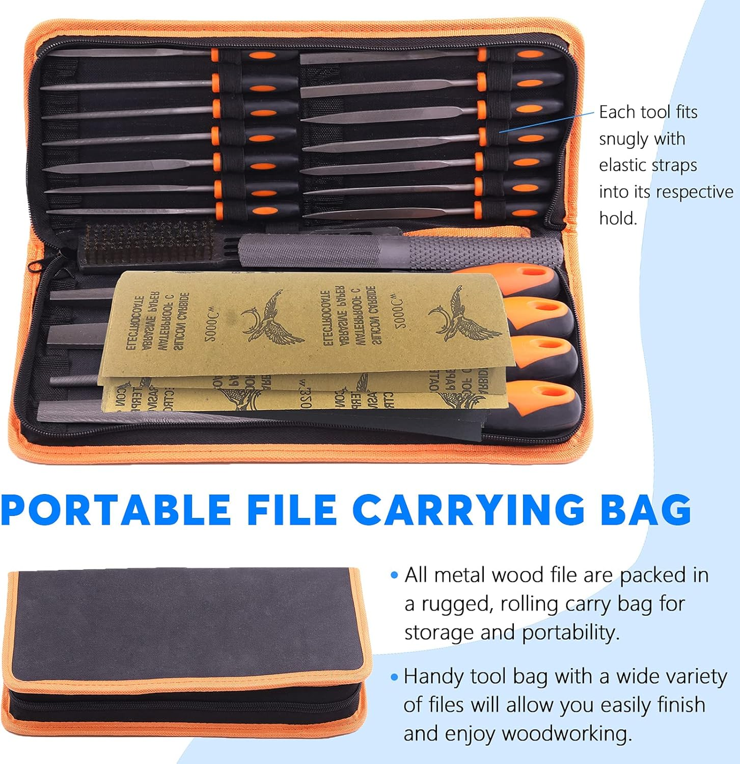 Glarks 25Pcs Hand Metal File Set Include 4Pcs Flat/Triangle/Half-Round/Round Large File, 12Pcs Needle Files, 1 Brush, 4Pcs Sandpaper and 4 Way Wood Rasp File for Shaping Metal, Wood, and Tools image number 3