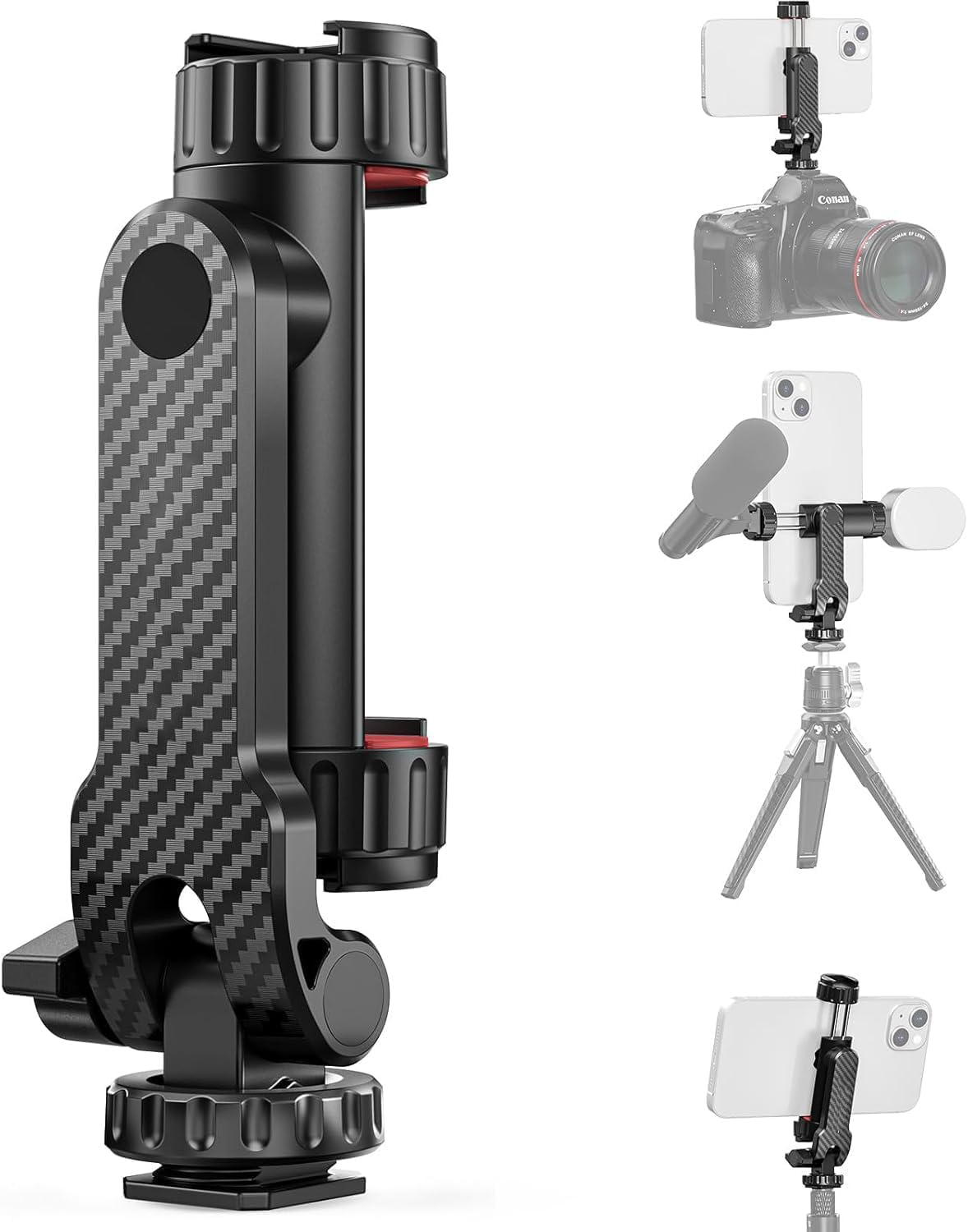 Cell Phone Tripod Mount, Tripod Phone Holder with 1/4" Screw 2 Cold Shoes, 360&deg;Rotates 180&deg;Tilts Adjustable Camera Hot Shoe Phone Mount for Iphone for Samsung Selfie Stick Camera Stand image number 4