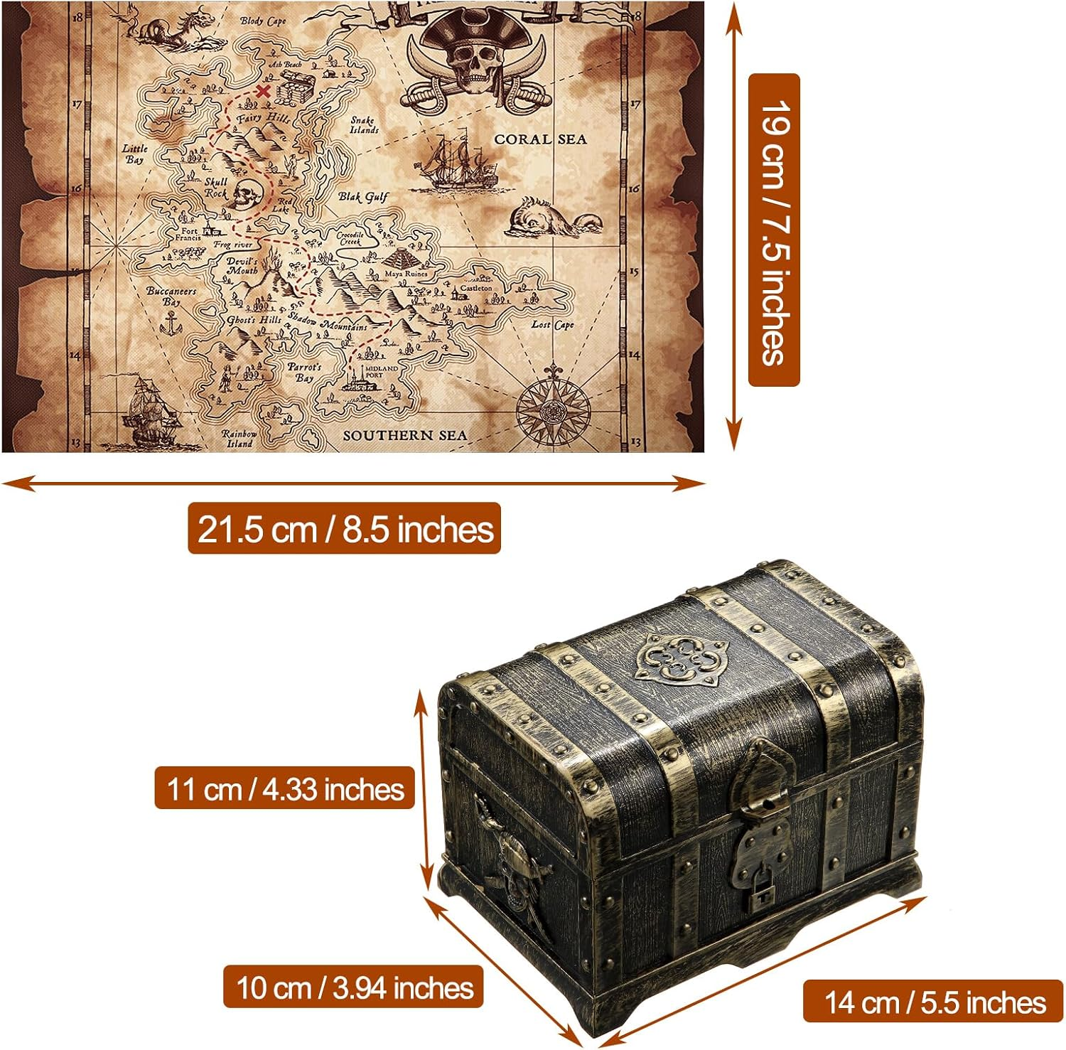 89 Pieces Pirate Treasure Chest Toy Kit Vintage Pirate Treasure Chest Pirate Eye Patch Gold Earrings Gold Coin Gems Plastic Toy Compass Pirate Map for Cosplay Themed Party Favors (Creative Style) image number 1