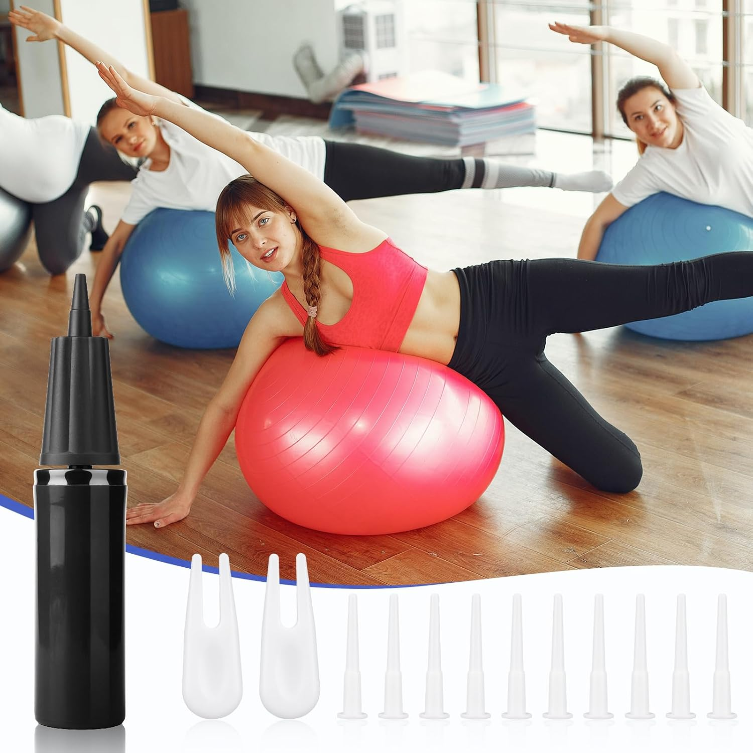 Exercise Ball Pump Kits, Hand Air Pump for Inflatables Ball with 10Pcs Long Plugs & 2Pcs Plug Pullers Yoga Ball Pump image number 6