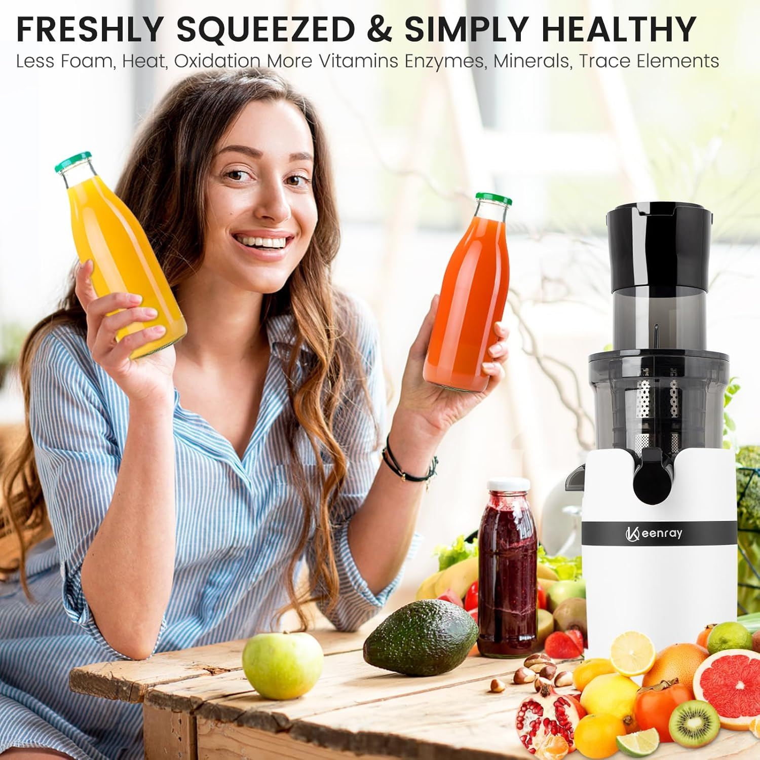 Keenray Cold Press Slow Juicer Extractor Machine for Whole Fruits & Vegetables, 80Mm Wide Chute, Quiet Motor with Reverse Function, Easy to Clean (EL18, Dark) - Dark image number 7