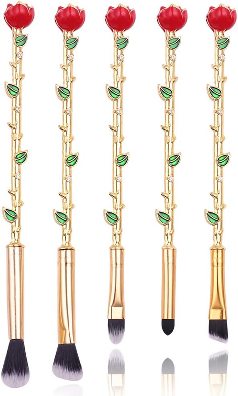 Rongji Jewelry Rose Gold 5Pcs Wand Makeup Brush Set - Synthetic Fiber, Metallic Handle - Eyebrow, Eyeshadow, Foundation, Blending, Lips - Great Gift